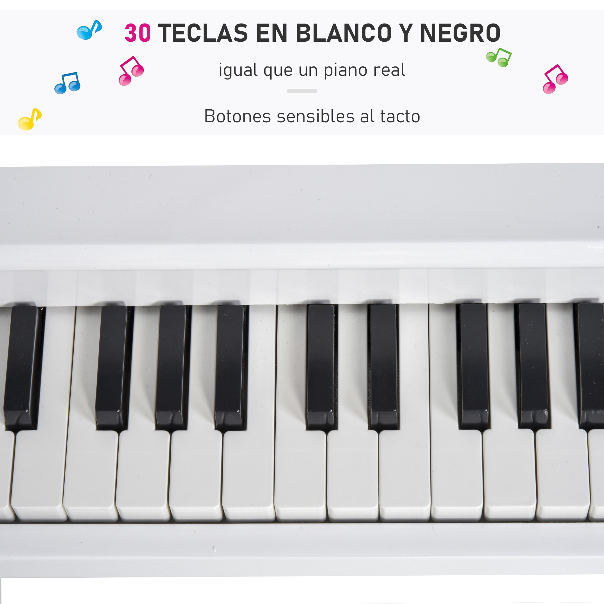 Primer plano de un teclado de piano con teclas blancas y negras. El texto superior dice '30 teclas blancas y negras'.