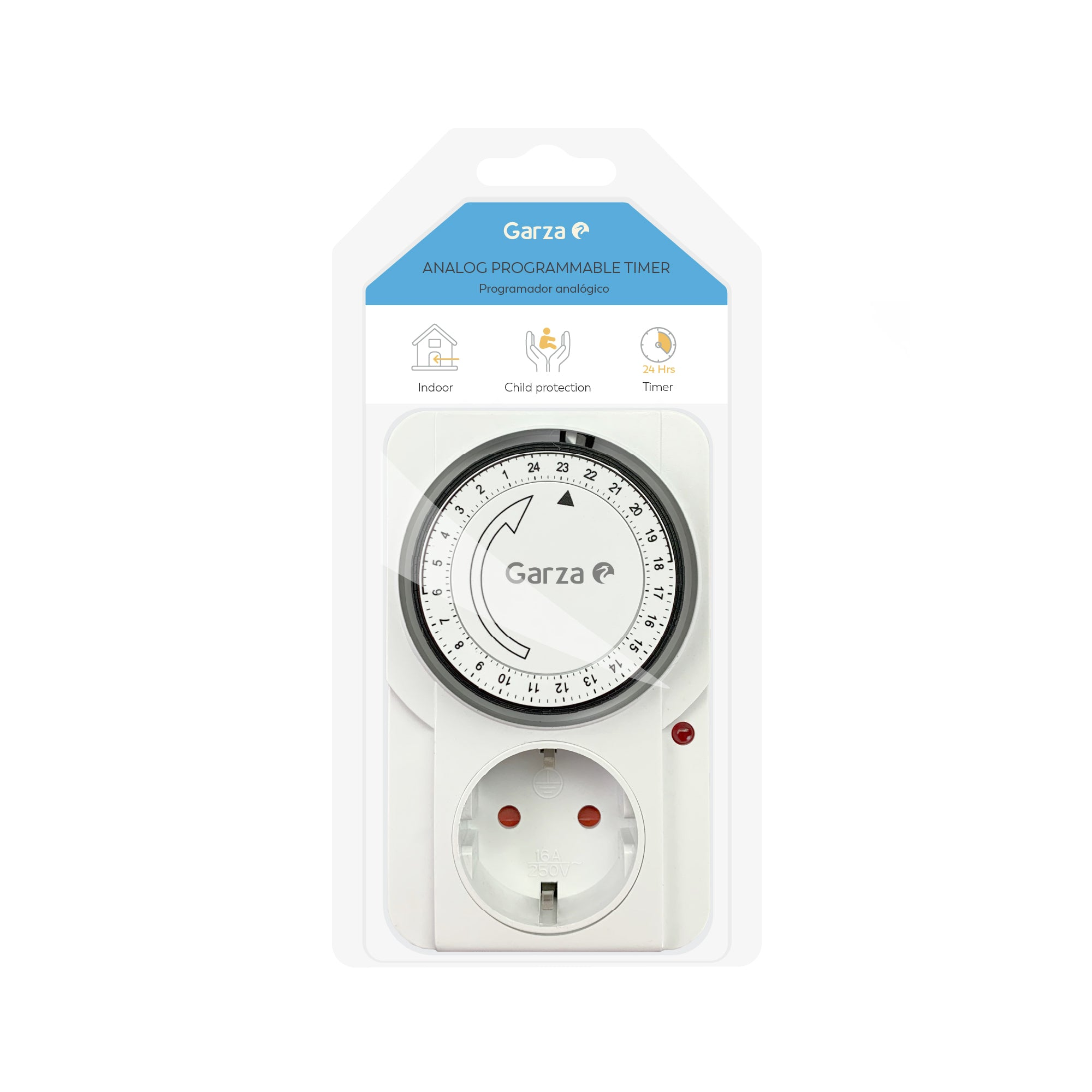 Temporizador programable analógico Garza blanco. Tiene un dial redondo, un enchufe y una luz roja.