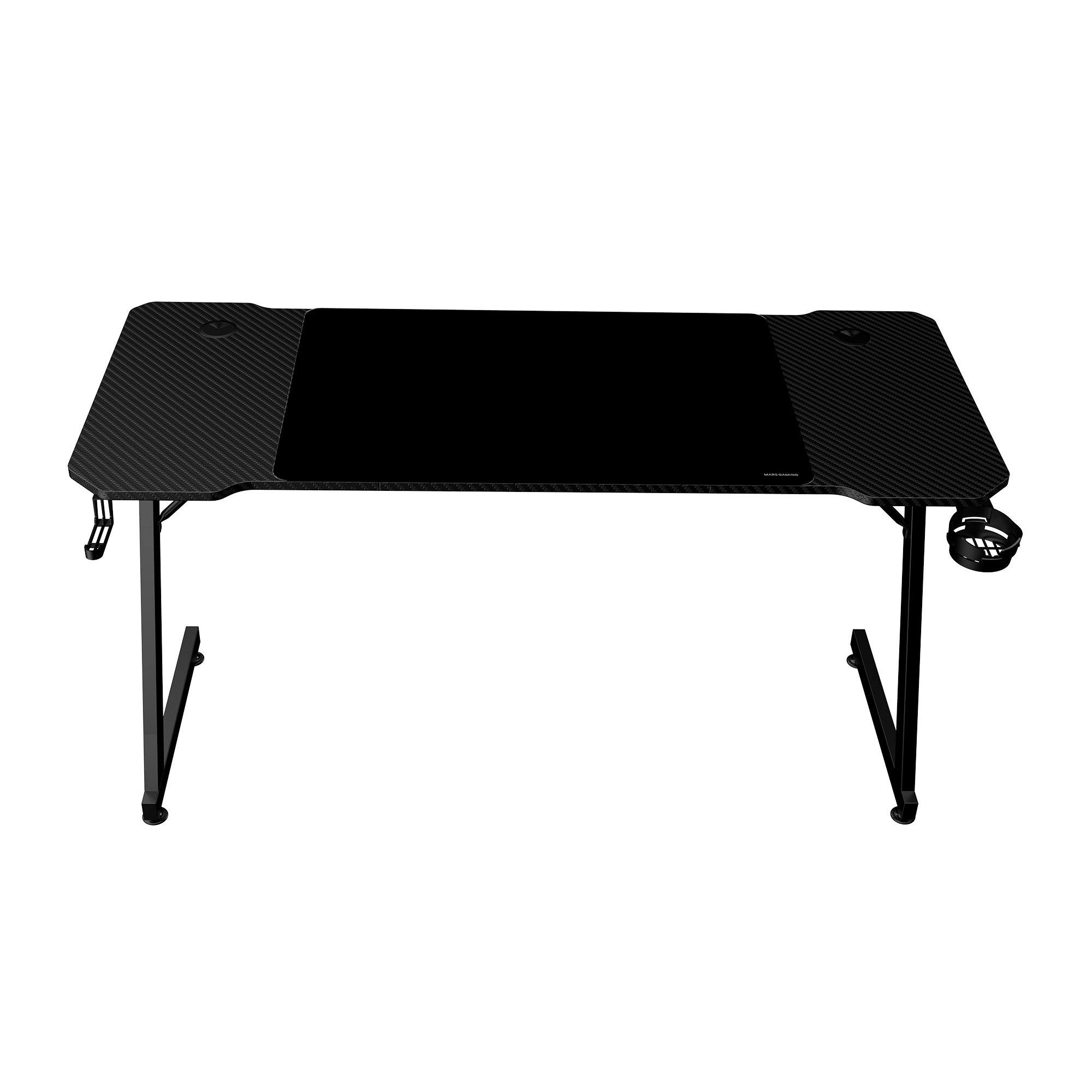 Ein schwarzer Gaming-Schreibtisch mit Carbonfaserstruktur. Er hat eine schwarze Oberfläche, einen Getränkehalter und einen Kopfhörerhaken.