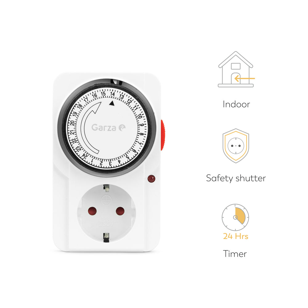 Un temporizador Garza blanco con dial circular que muestra las horas, un botón rojo y un enchufe. Iconos indican uso interior, obturador de seguridad y temporizador.
