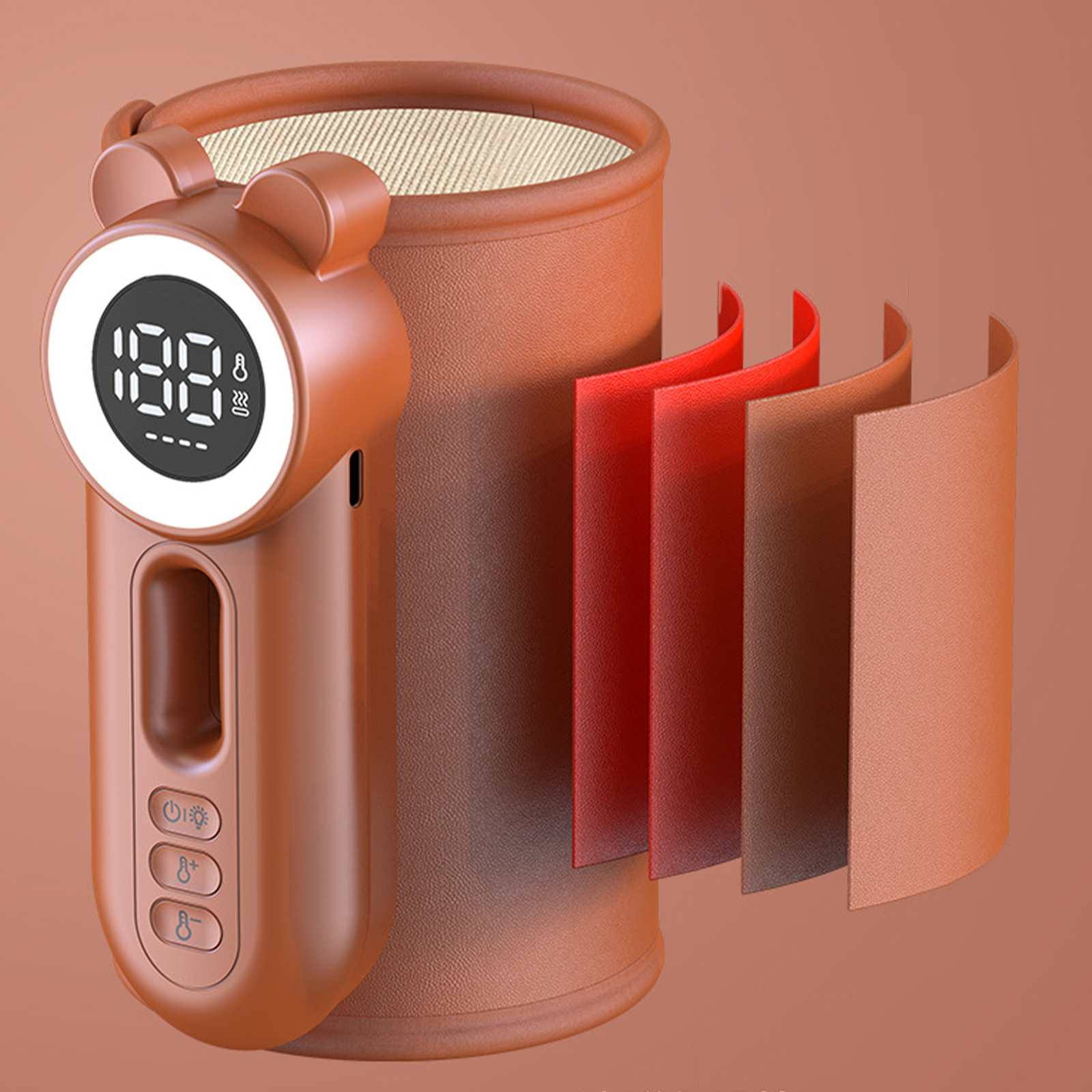 Ein braunes Heizgerät mit Digitalanzeige, die eine Temperatur von 188 anzeigt, mit Bärenform.