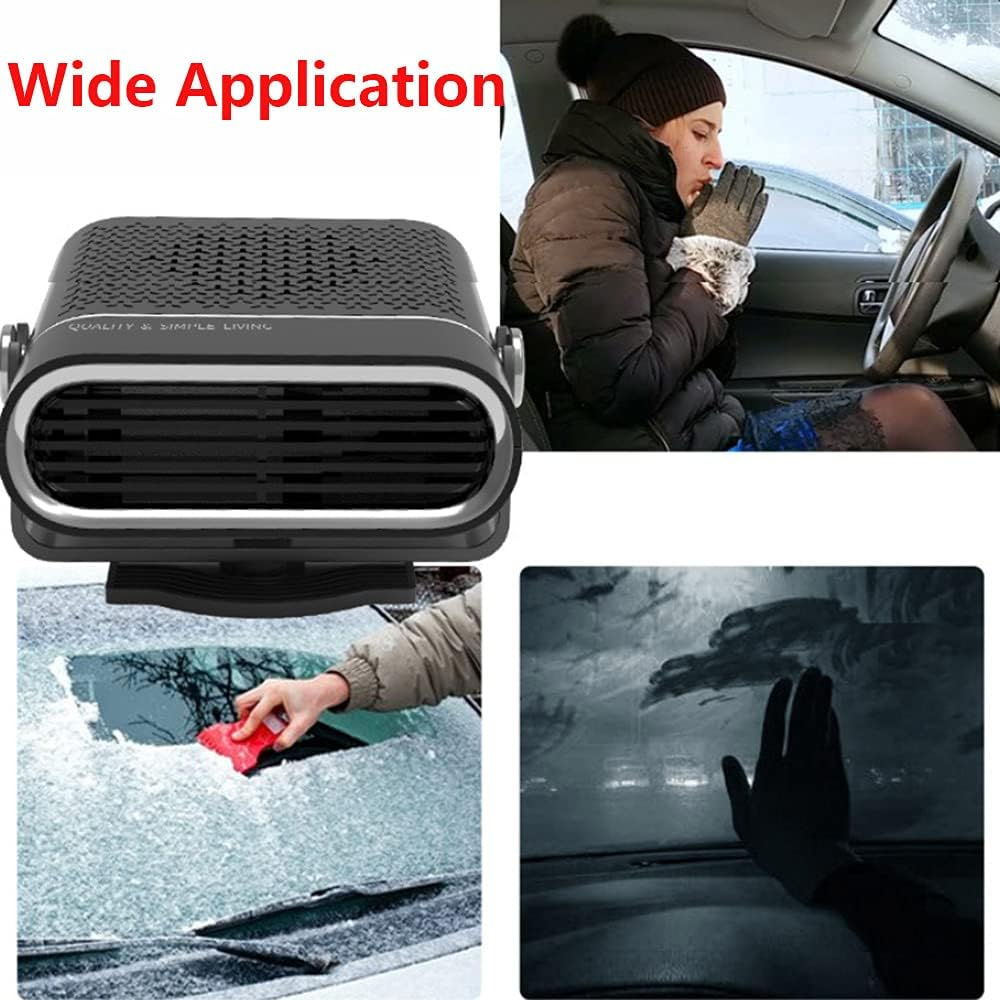 Das Bild zeigt eine Autoheizung, eine Person im Auto, die sich die Hände wärmt, eine Person, die Eis kratzt, und eine Hand an einem beschlagenen Fenster.
