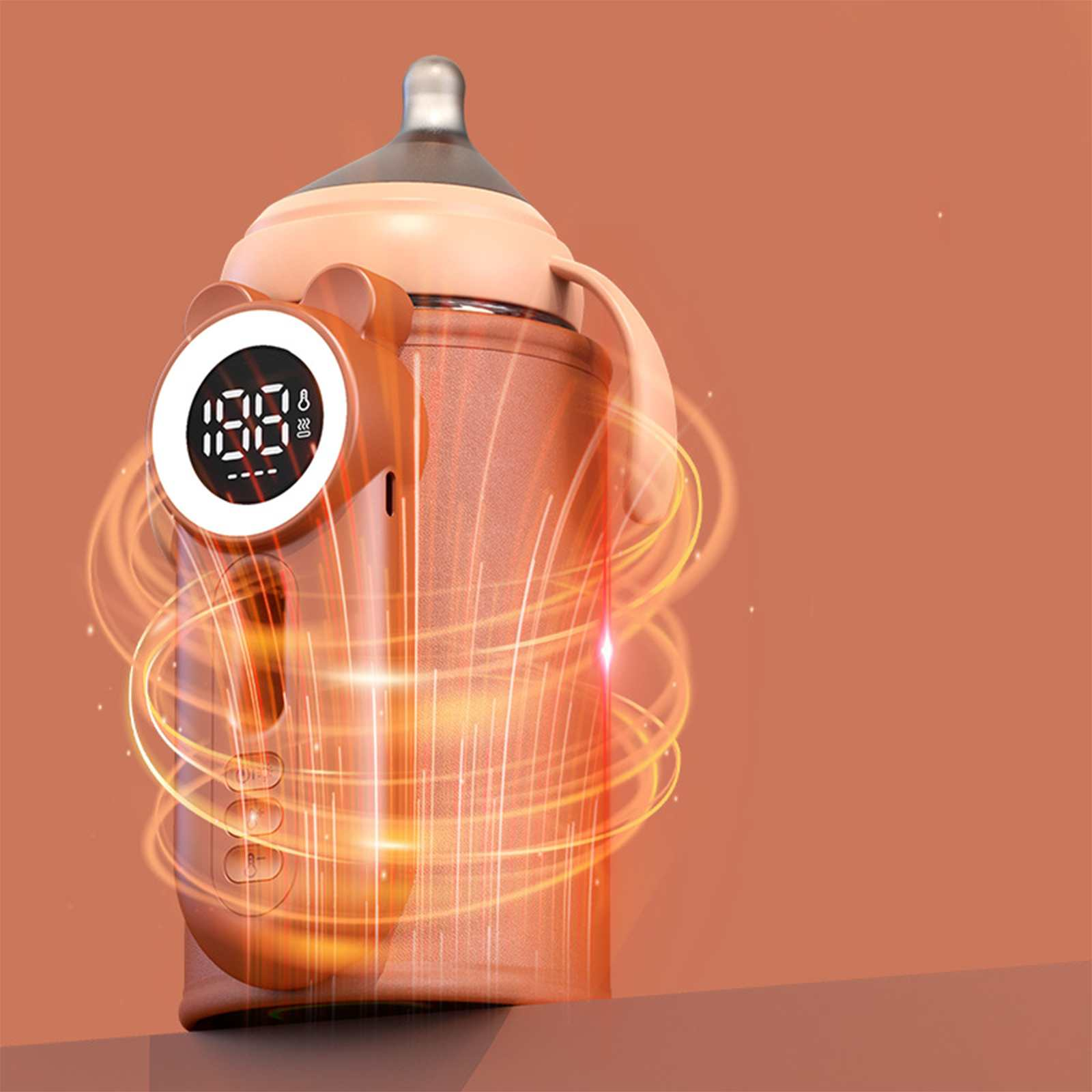 Ein Babyflaschenwärmer mit Digitalanzeige. Er hat ein Bär-Design und ist orangefarben, vor warm-orangem Hintergrund.