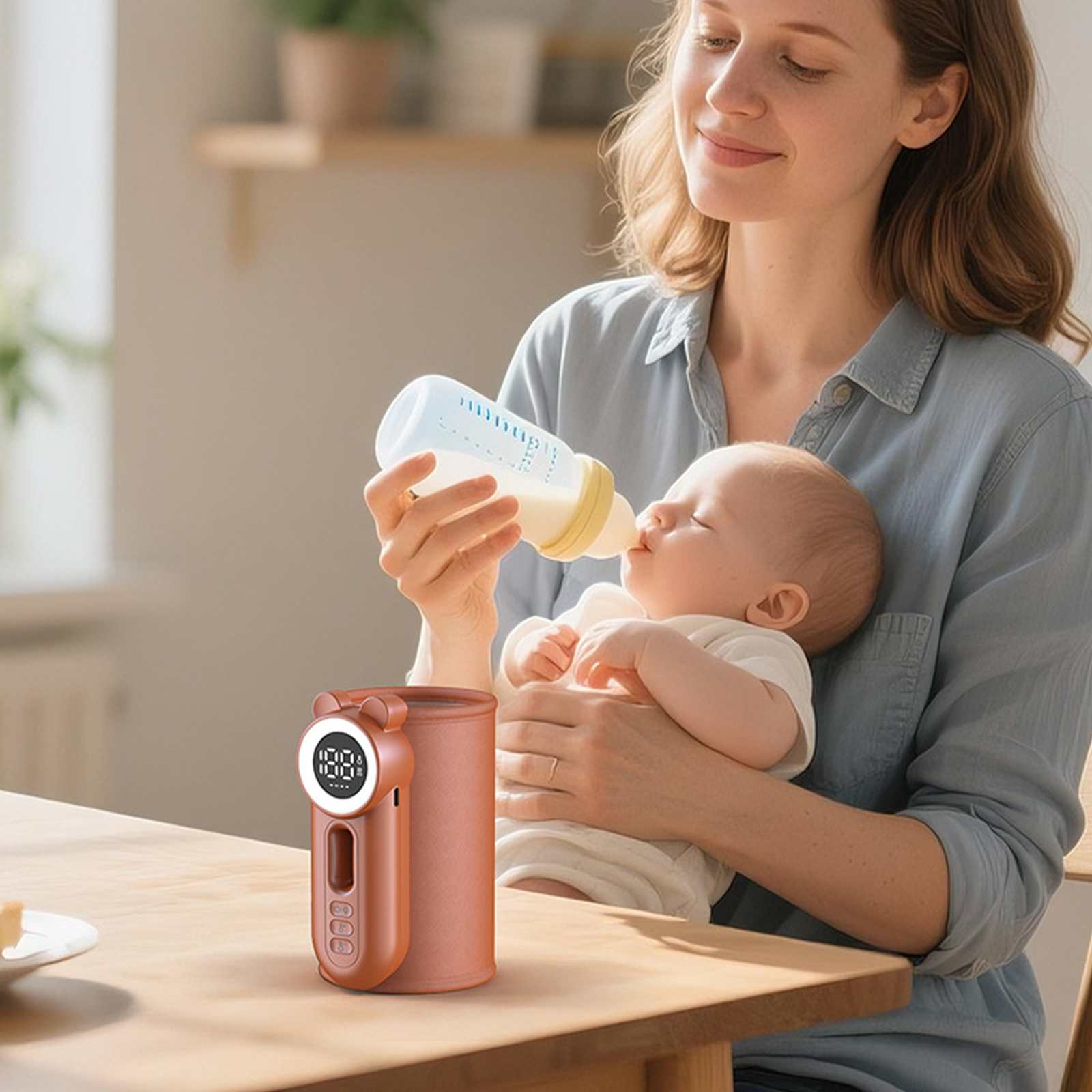 Eine Frau füttert ein Baby mit einer Flasche Milch. Ein Babywärmer steht auf einem Holztisch neben ihnen.