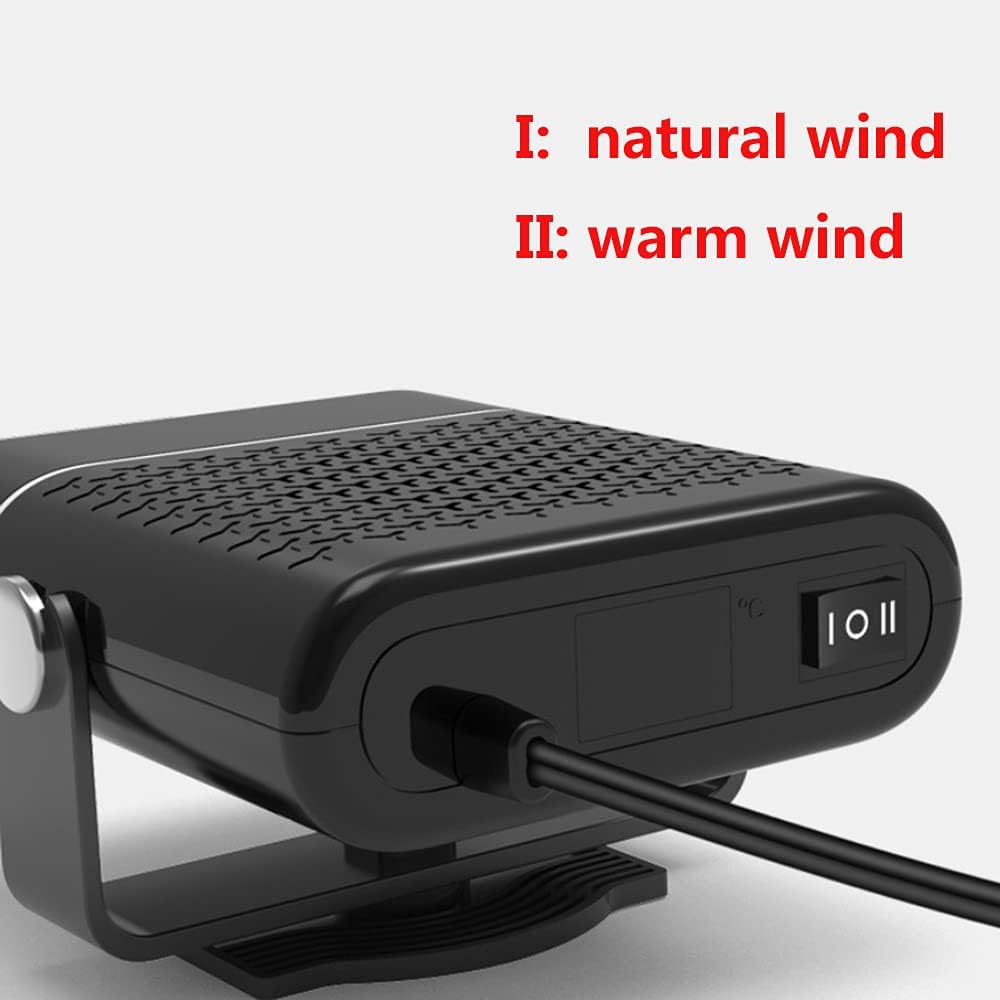 Schwarze Autoheizung mit Optionen für natürlichen und warmen Wind. Ein Stromkabel ist mit der Heizung verbunden. Text zeigt Windart an.