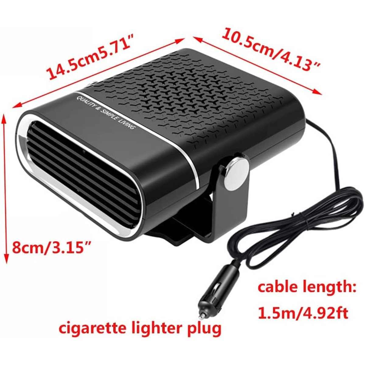 Schwarze Autoheizung mit Maßangaben. Sie hat einen Zigarettenanzünderstecker und ein 1,5 m langes Kabel. Der Text 'QUALITY & SIMPLE LIVING' ist sichtbar.