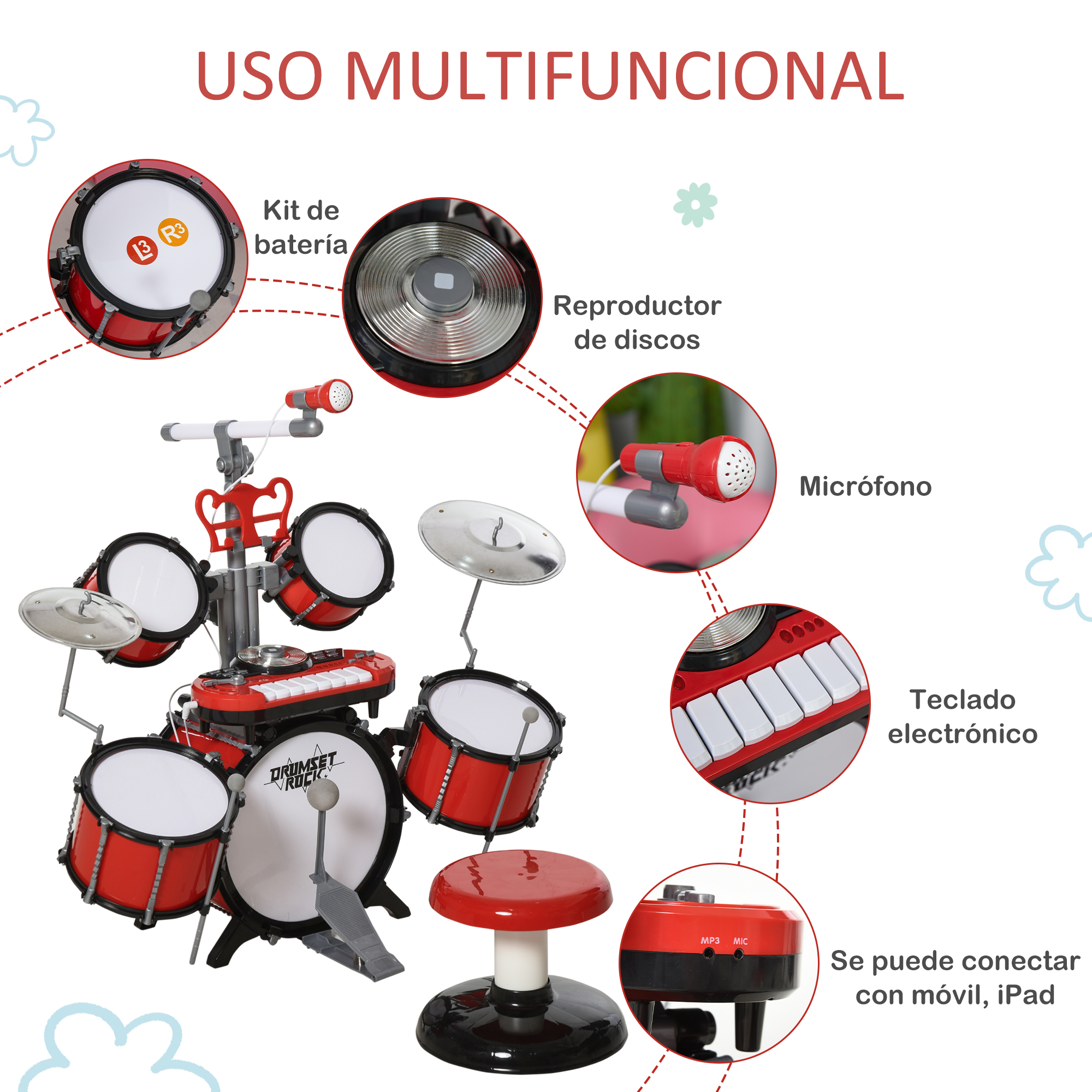 Un juego de batería rojo con tambores, micrófono, teclado y etiquetas en español.