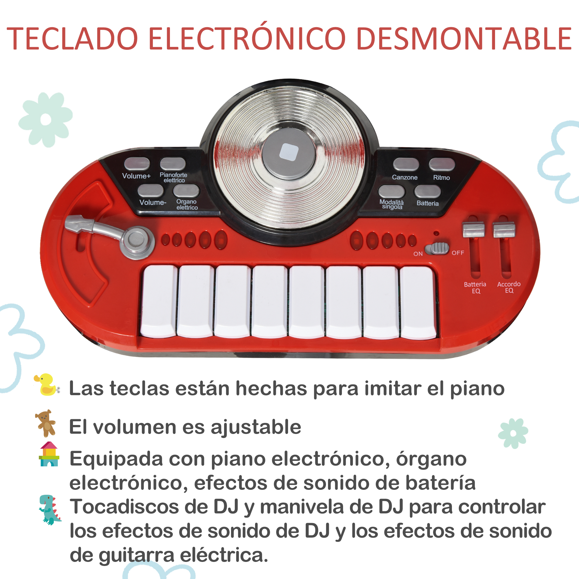 Teclado electrónico rojo y negro con teclas blancas, controles y un disco plateado central, sobre un fondo blanco.