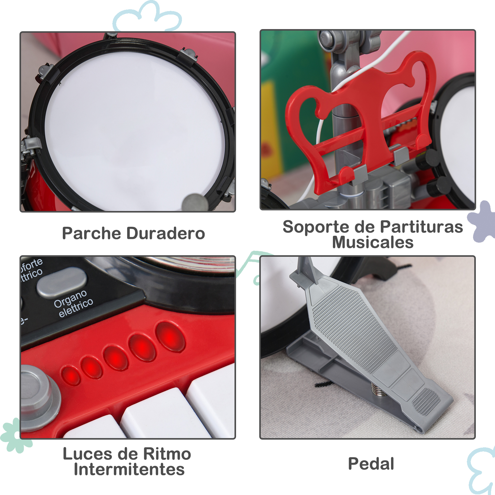 Batería de juguete para niños, con tambor, atril, luces rojas y pedal. El juego es rojo y negro.