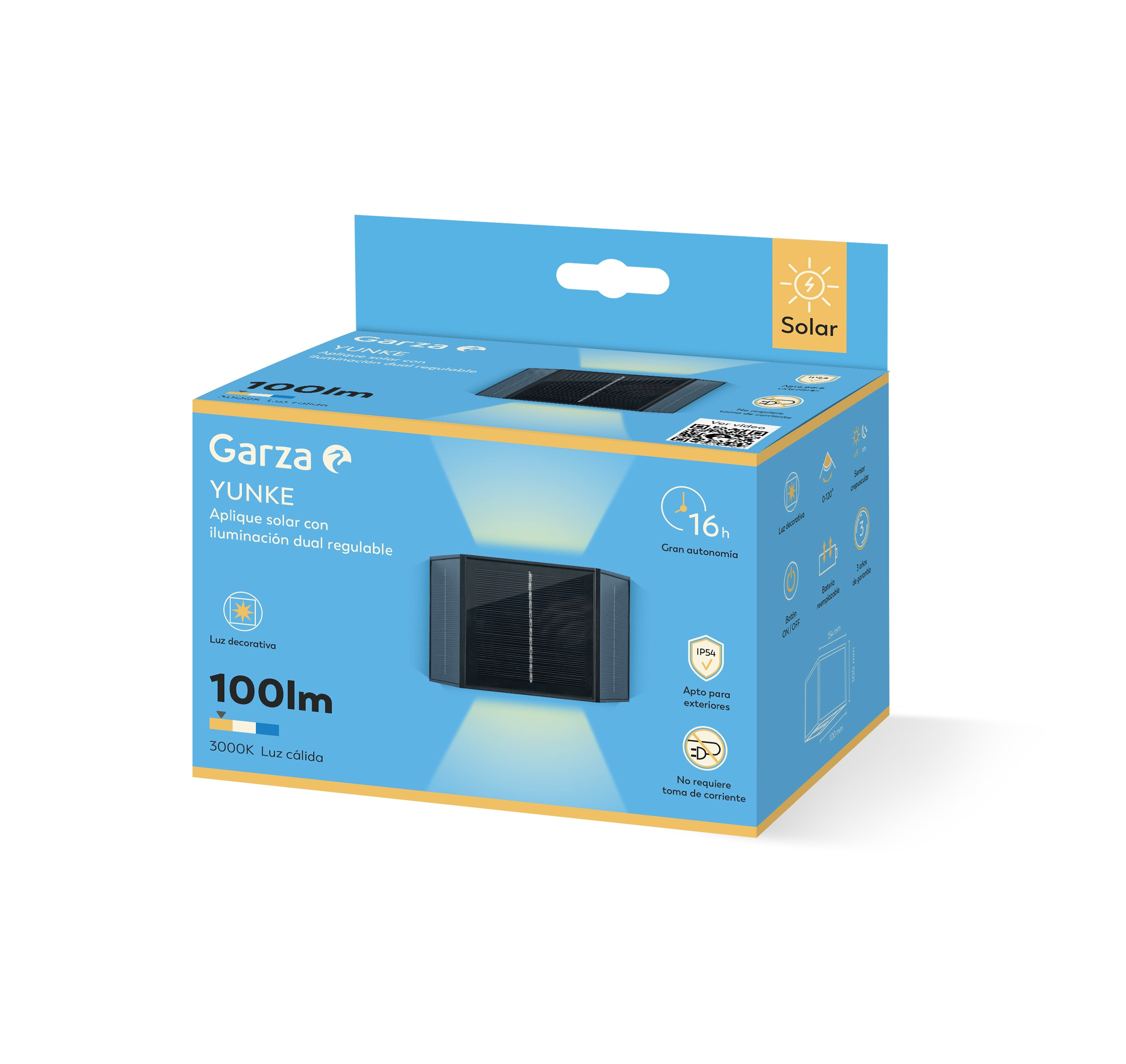 Luz solar en caja. La caja es azul y amarilla. Tiene texto e imagen de la luz. La luz es negra.