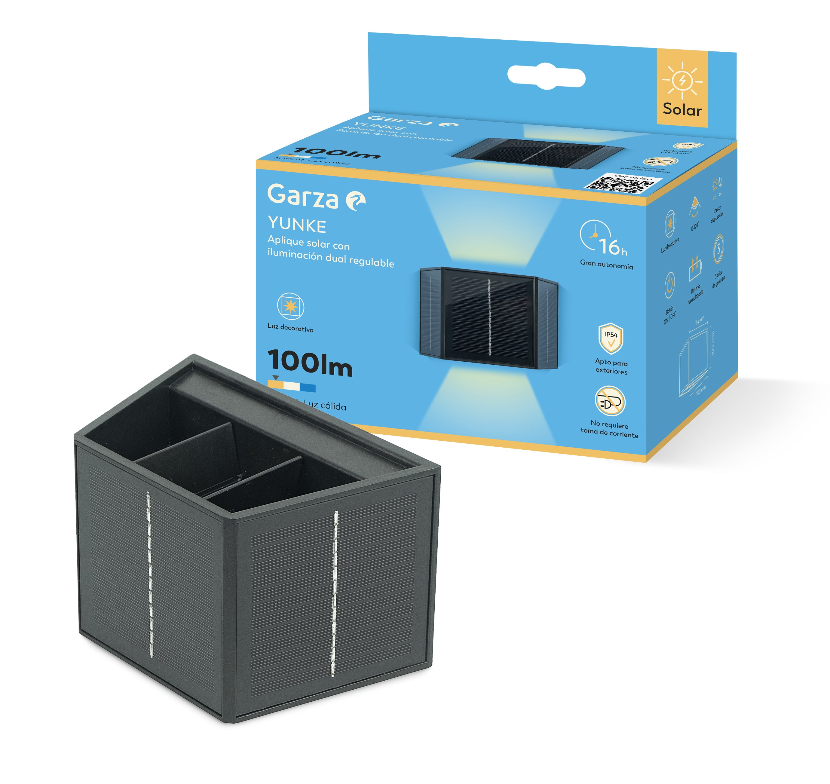 Una luz con energía solar con una caja. La luz es gris oscuro. La caja es azul claro y tiene detalles del producto.