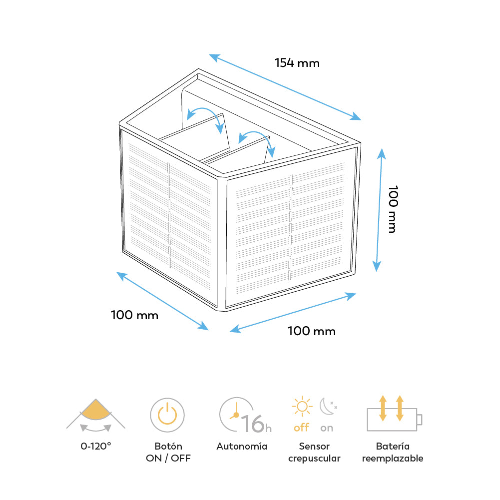 Diagrama de un dispositivo rectangular con dimensiones. Incluye iconos de ENCENDIDO/APAGADO, autonomía, sensor crepuscular y batería reemplazable.