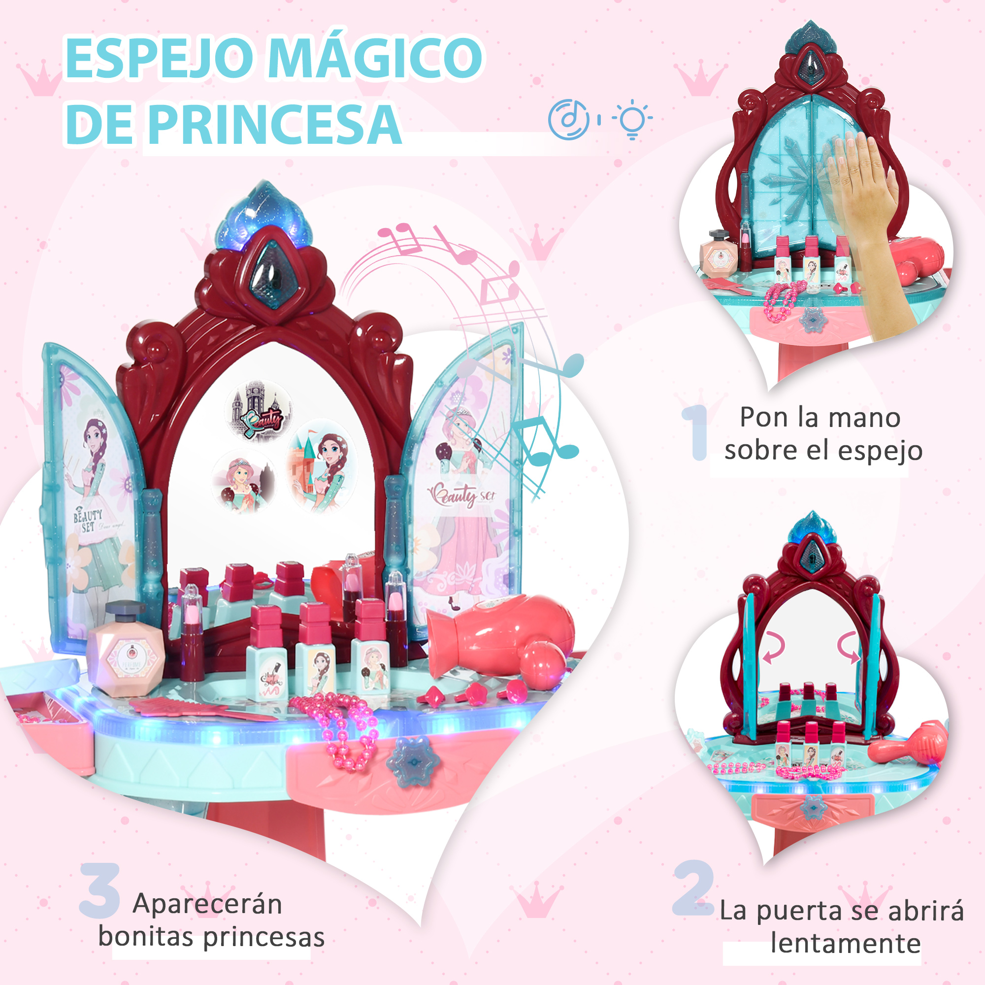 Un tocador de princesa con espejo, cosméticos y una mano. El texto en español describe las funciones del set.
