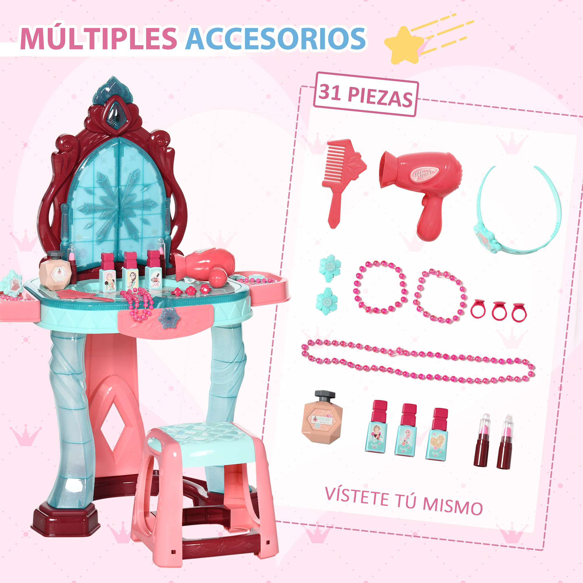 Un tocador de juguete rosa con espejo y accesorios como peine, secador de pelo, joyas y maquillaje, con un taburete.