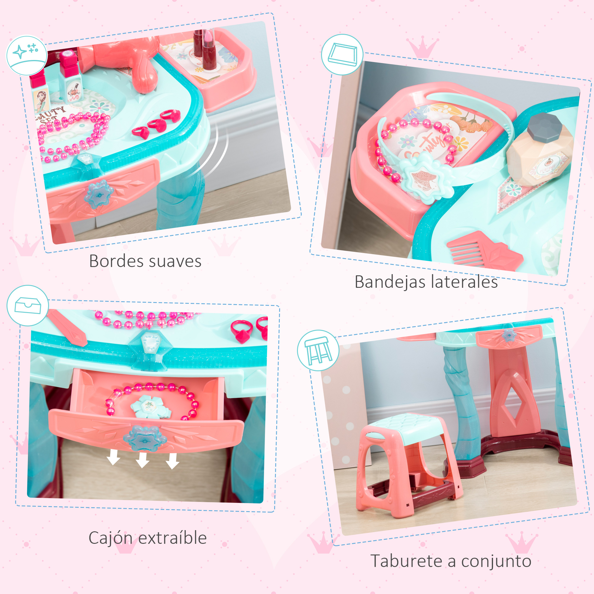 Un tocador rosa y turquesa con accesorios, que incluyen un taburete, joyas y artículos de maquillaje. Es para niños.