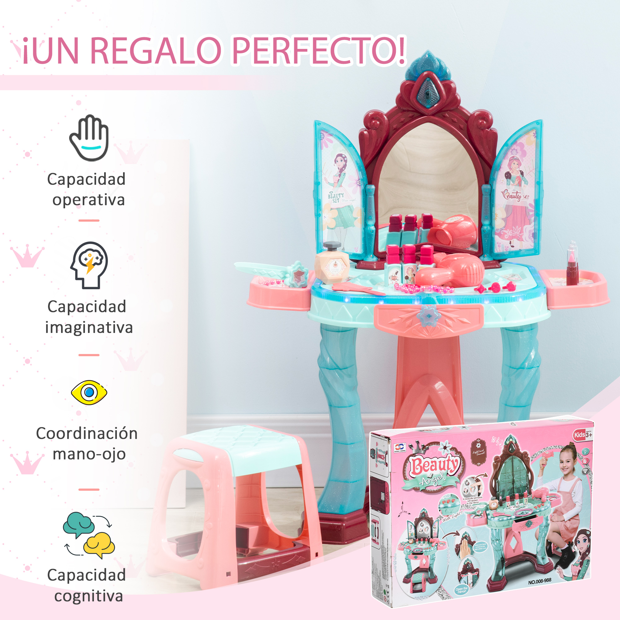 Un tocador de juguete rosa y azul con un taburete. Tiene un espejo, botellas y una caja con una niña.