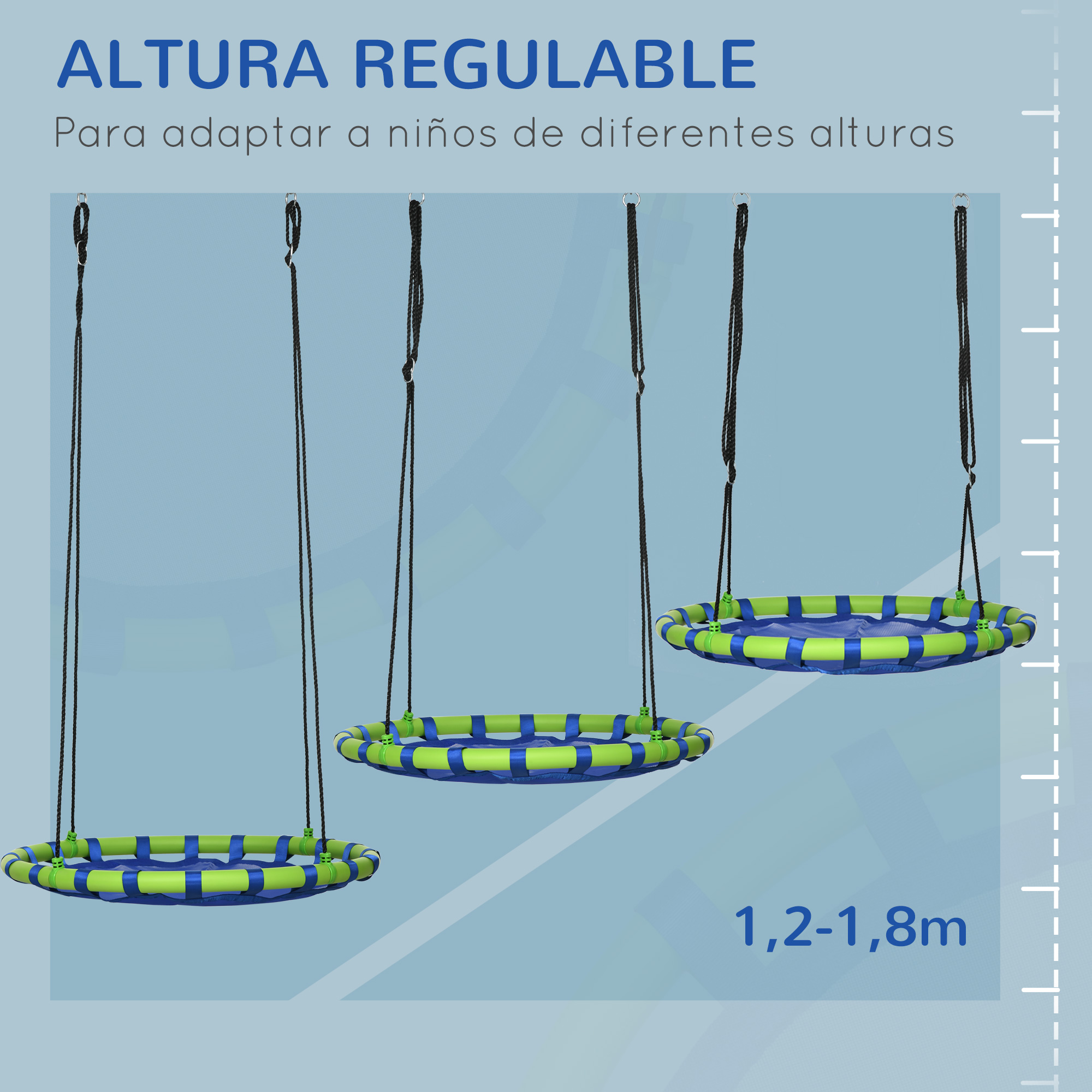 Tres columpios ajustables, azules y verdes, colgando. El texto indica altura ajustable para niños.