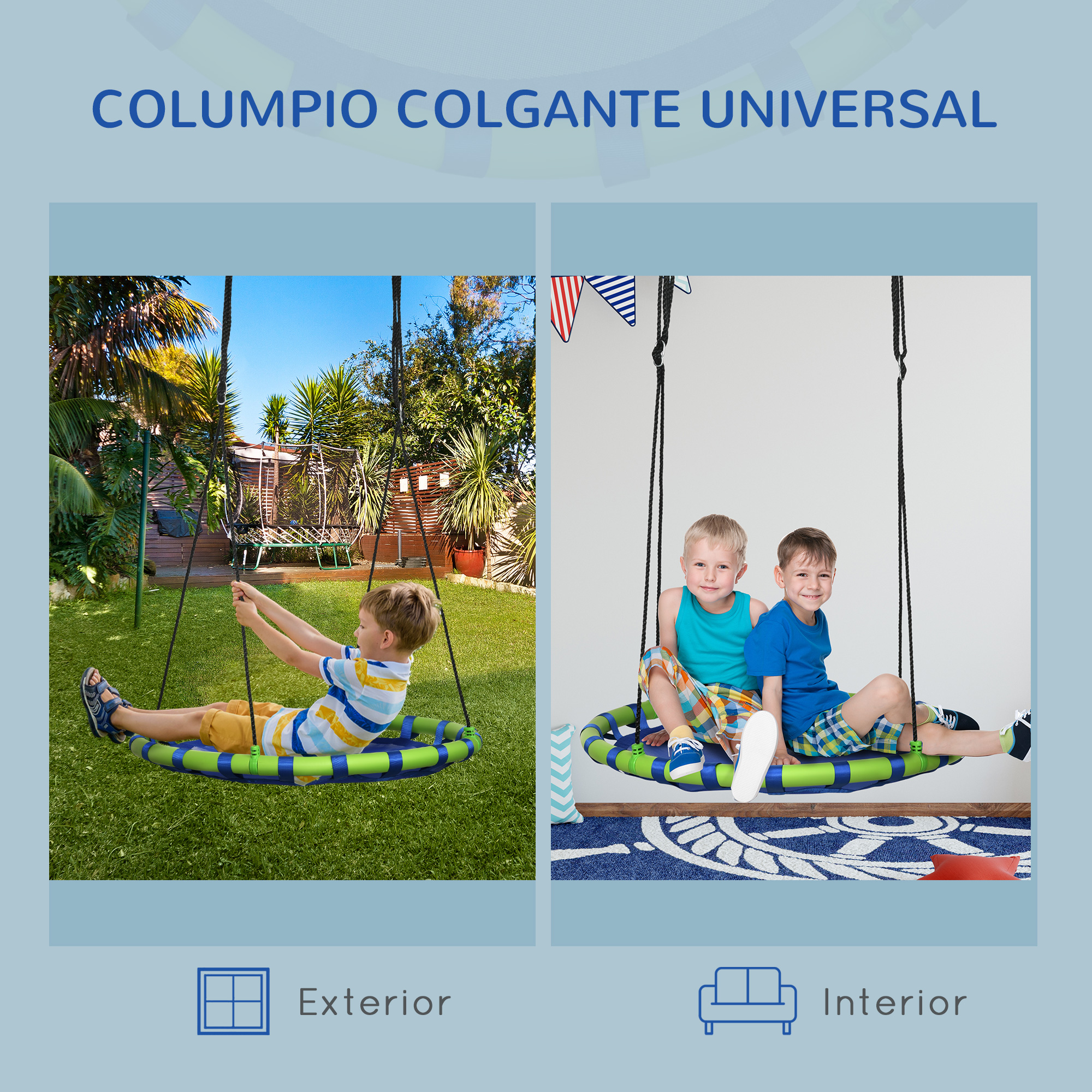 La imagen muestra un columpio con dos escenas: exterior con un niño e interior con dos niños. El columpio es azul y verde.