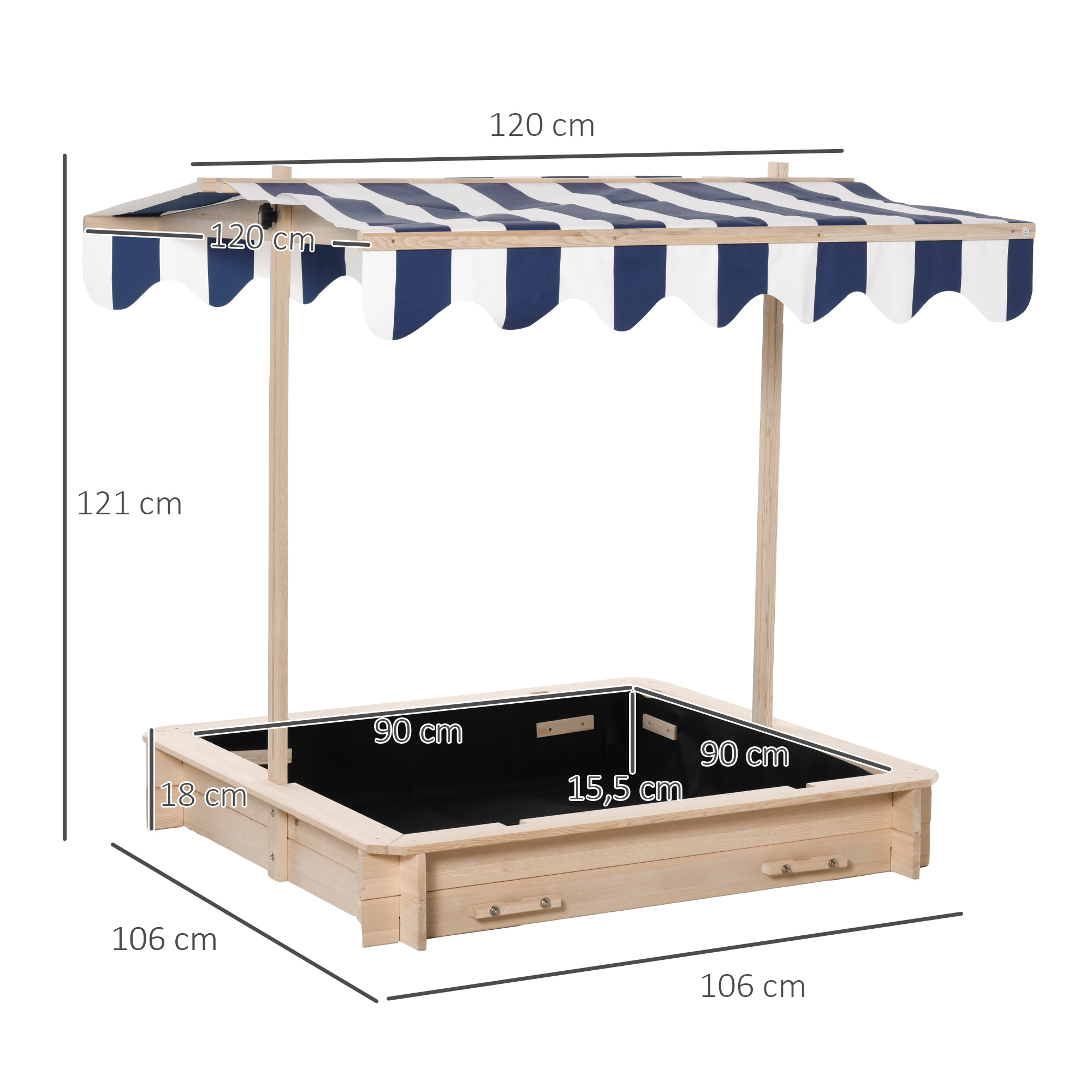 Un arenero de madera con toldo a rayas azules y blancas. Se proporcionan las dimensiones.