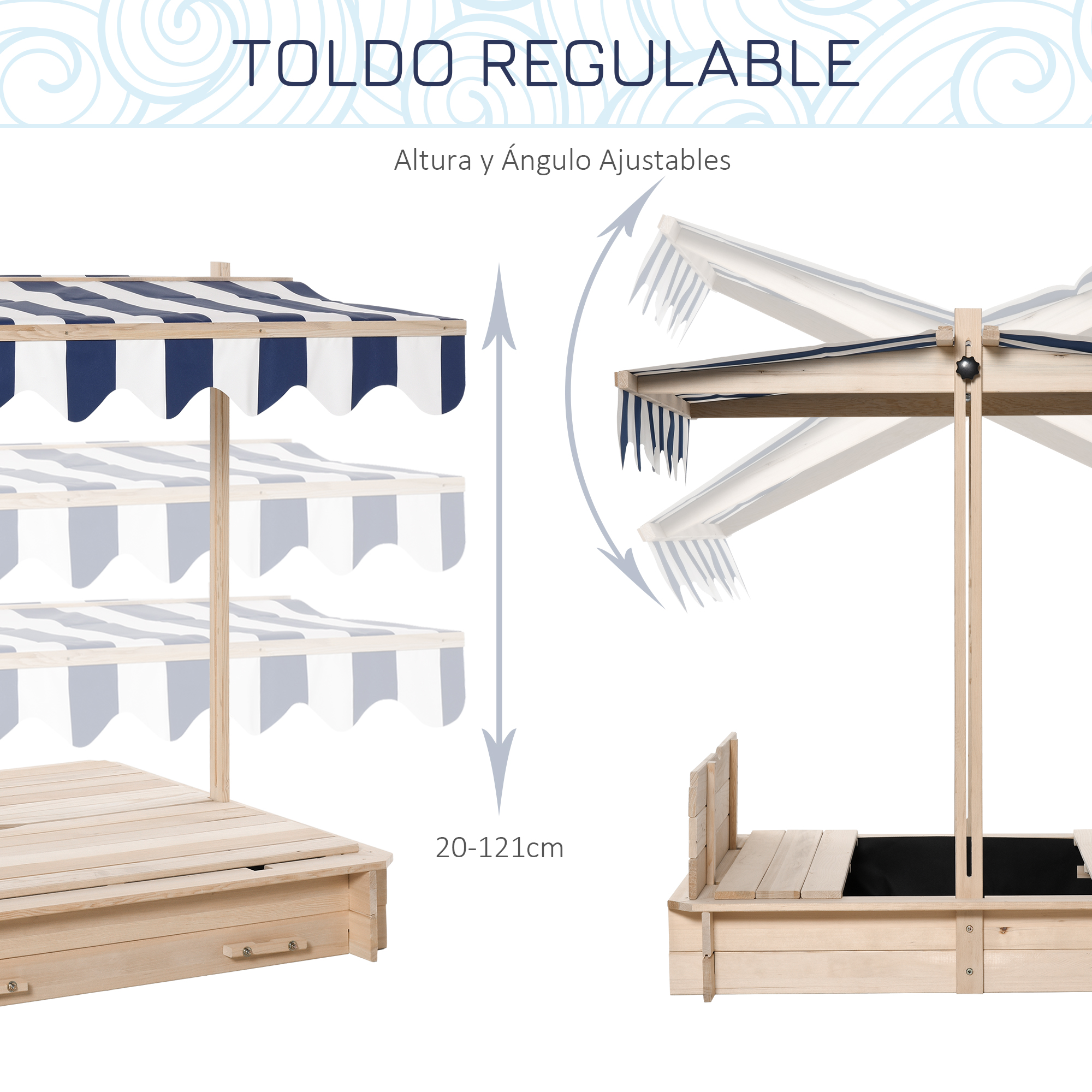 Arenero de madera con toldo ajustable a rayas azules y blancas, mostrando opciones de ajuste de altura y ángulo.