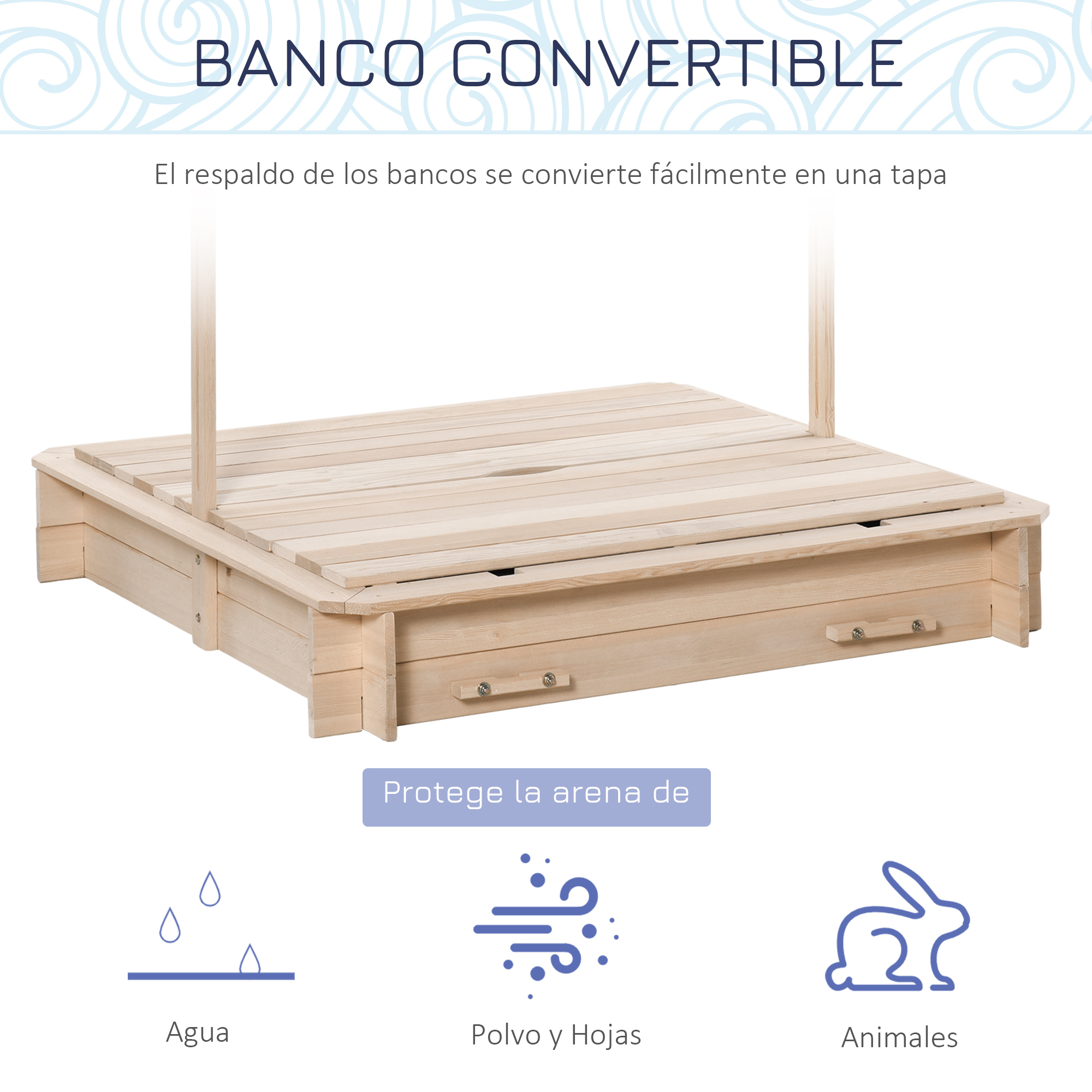 Banco convertible de madera con tapa. Protege la arena de agua, polvo, hojas y animales.