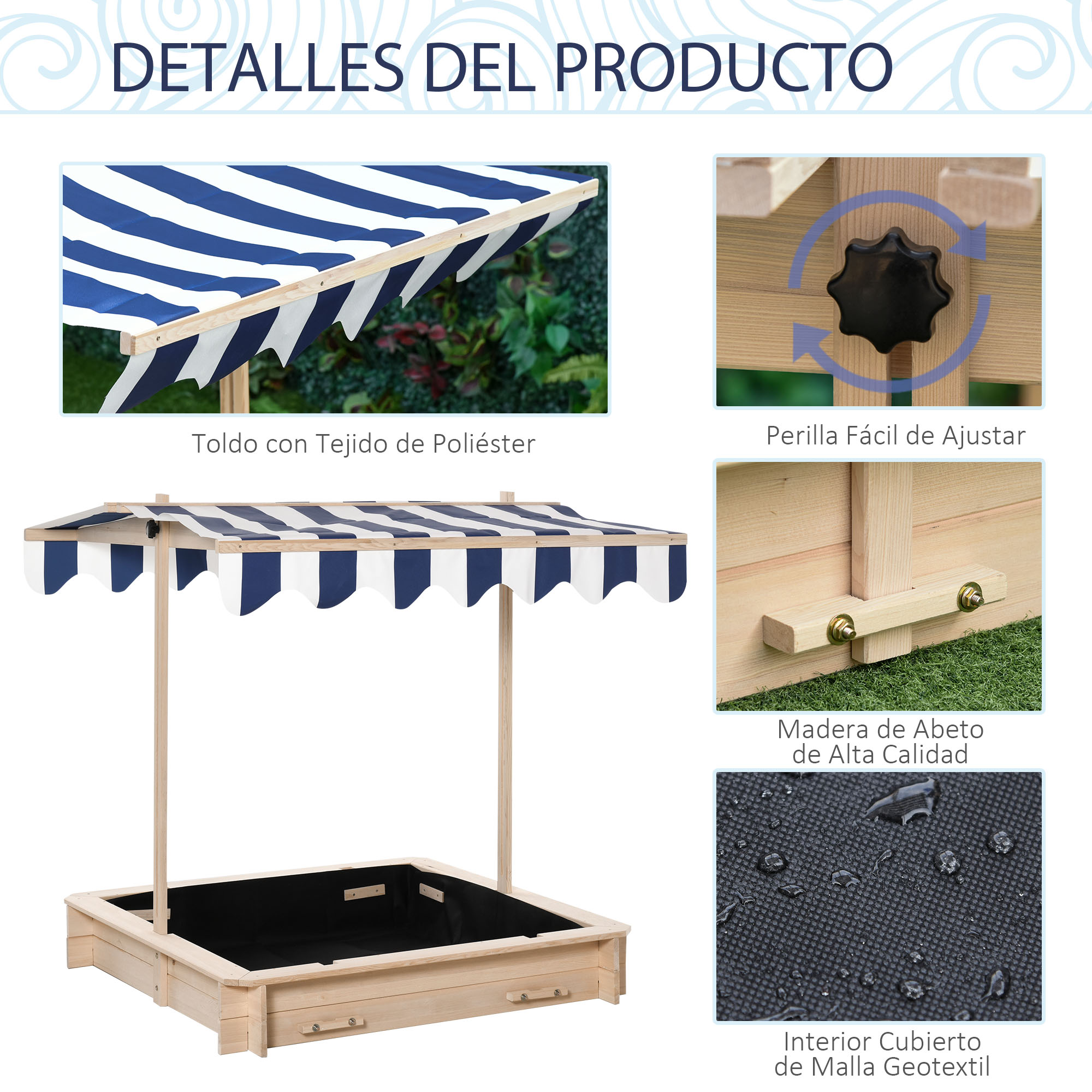 Un arenero de madera con un toldo a rayas azules y blancas, los detalles incluyen perilla ajustable y malla geotextil.