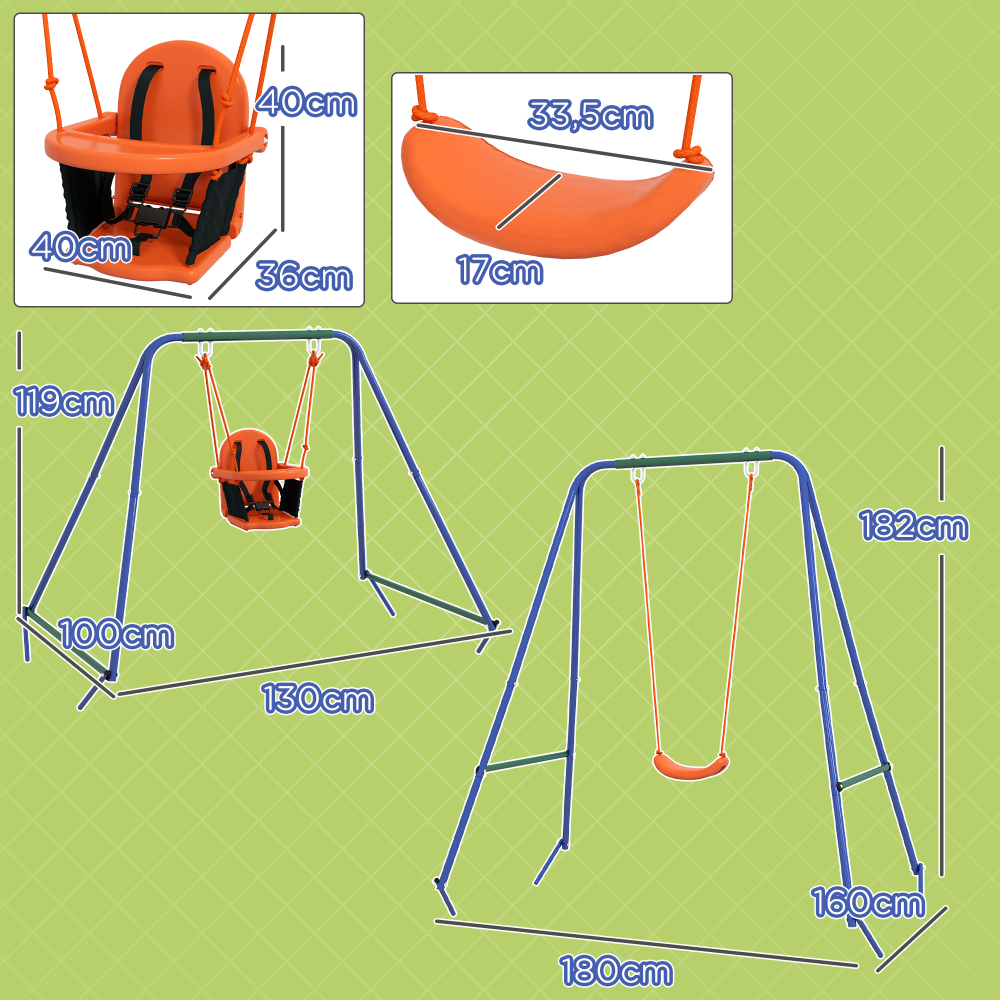 La imagen muestra componentes del columpio con dimensiones. Incluye columpio y asiento naranja para bebé, marco azul y fondo verde.
