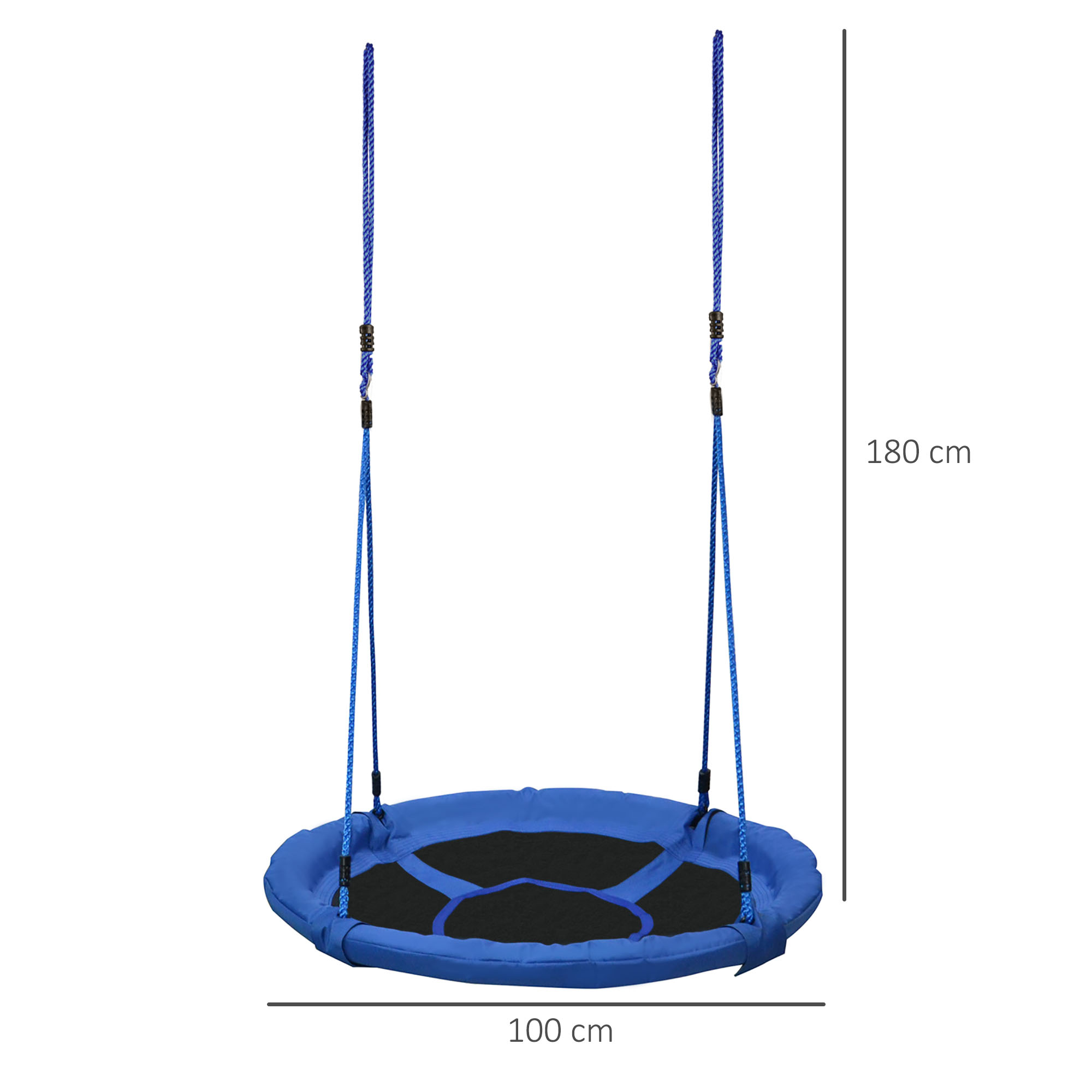 Columpio azul con cuerdas. Mide 100 cm de ancho y 180 cm de alto. Cuelga en el aire, listo para ser usado.