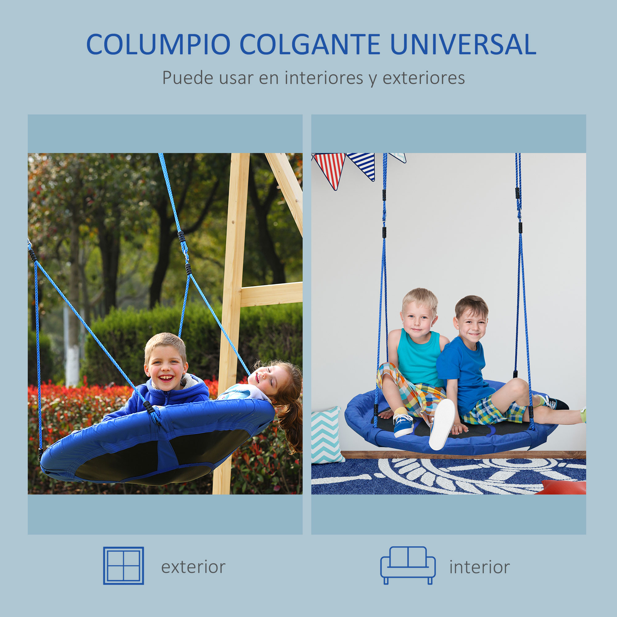 La imagen muestra un columpio con niños. Una escena es al aire libre, la otra interior. El texto superior dice 'Universal Hanging Swing'.