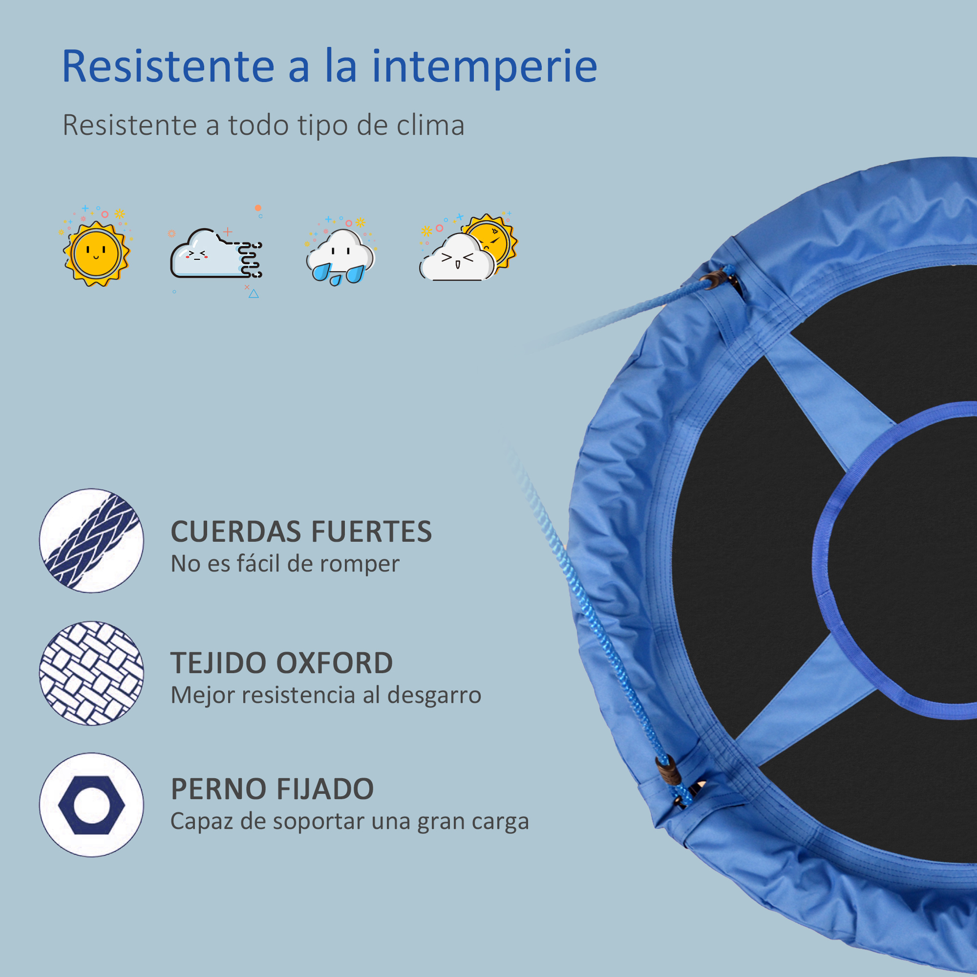 Un columpio azul con centro negro. El texto destaca la resistencia al clima, cuerdas fuertes, tela Oxford y un perno fijo.