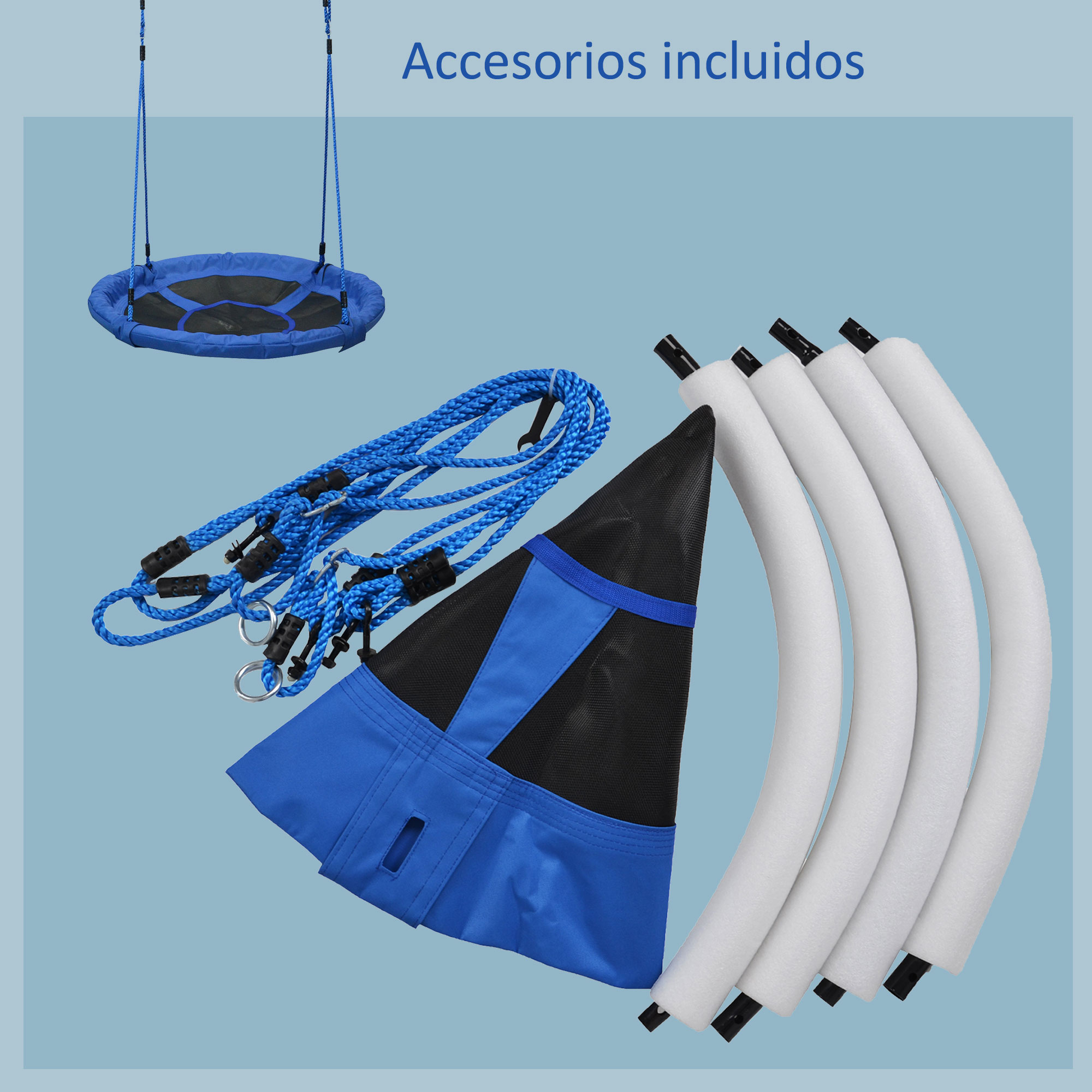 Un columpio azul con un columpio redondo, cuerdas y otros componentes sobre un fondo azul claro.