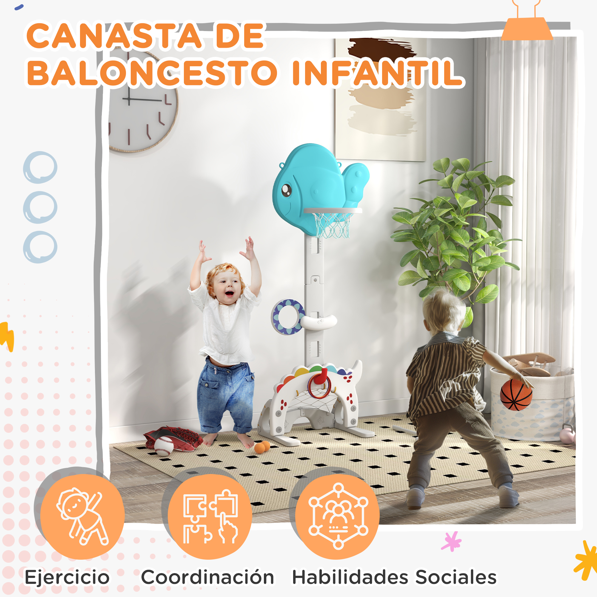 Dos niños jugando baloncesto. Un aro azul con forma de pez, una base colorida con forma de dinosaurio y una pelota en el suelo.