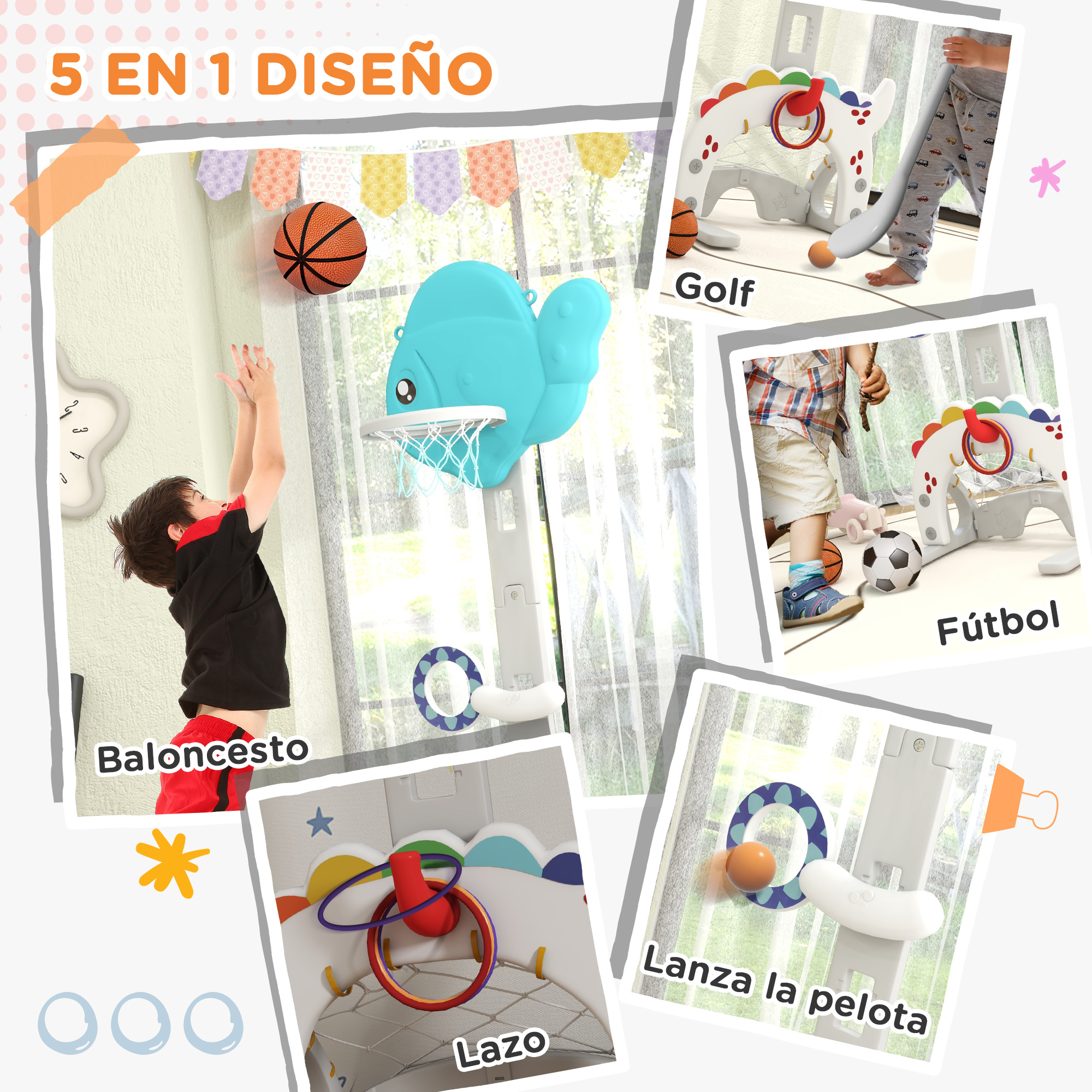 Una imagen que muestra un juguete deportivo 5 en 1. Presenta actividades de baloncesto, golf, fútbol, lanzamiento de aros y lanzamiento de pelota. Los niños están jugando.