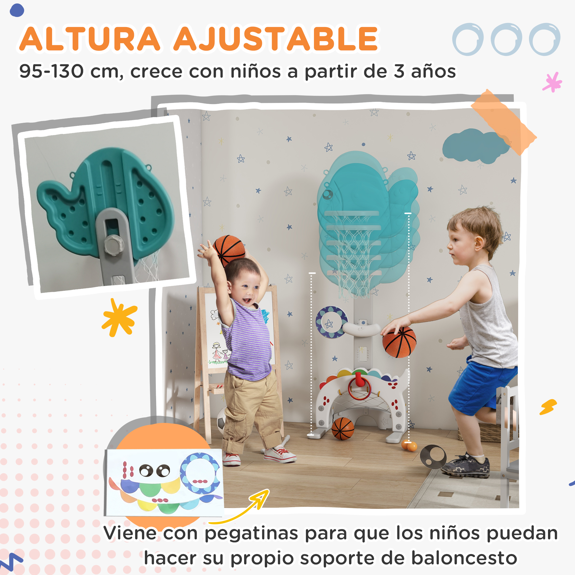 Dos niños jugando baloncesto. Uno lanza el balón, el otro lo alcanza. Se ven un aro de baloncesto y pegatinas.