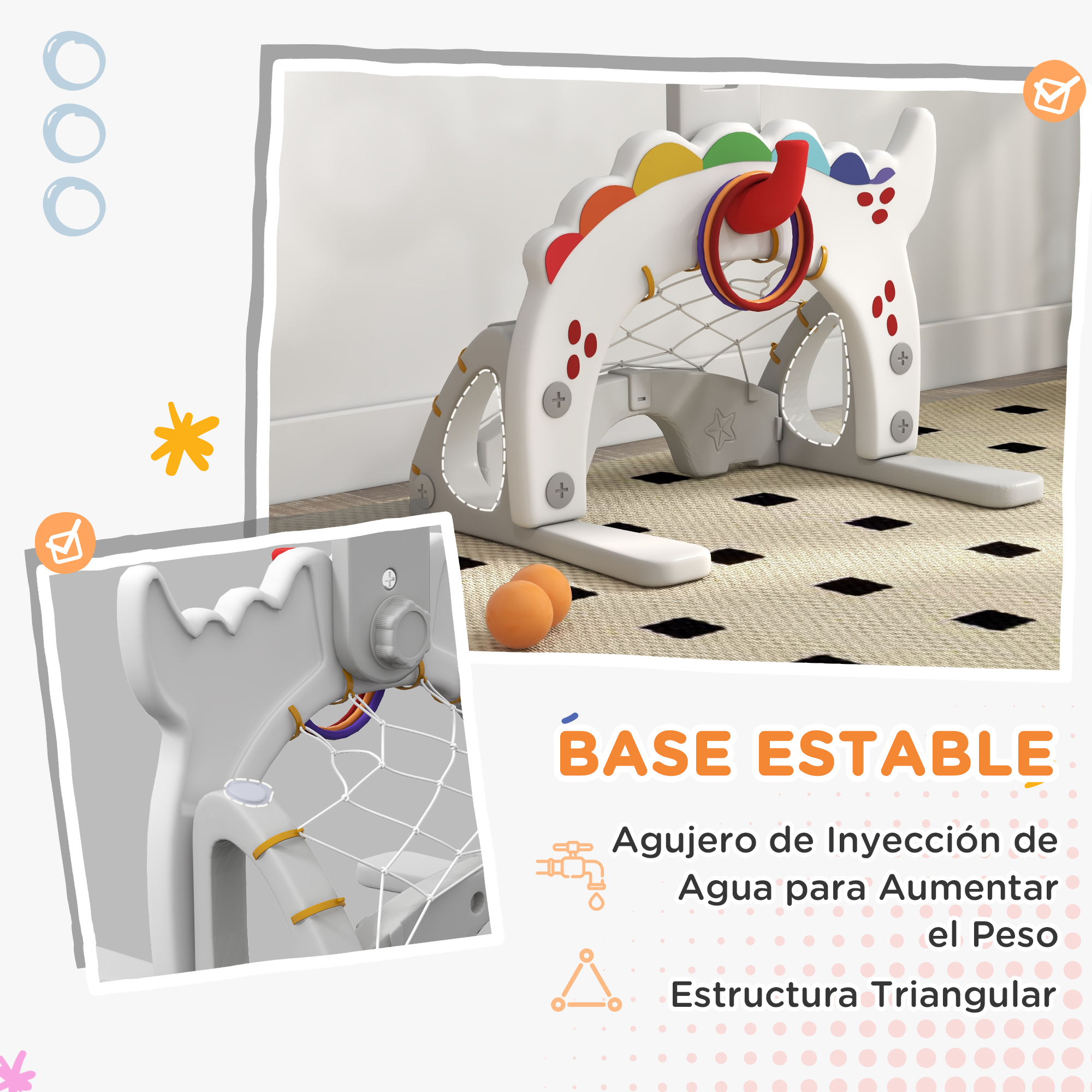 Un juguete blanco con aros coloridos y una red. Dos bolas naranjas están enfrente. El texto dice 'BASE ESTABLE'.