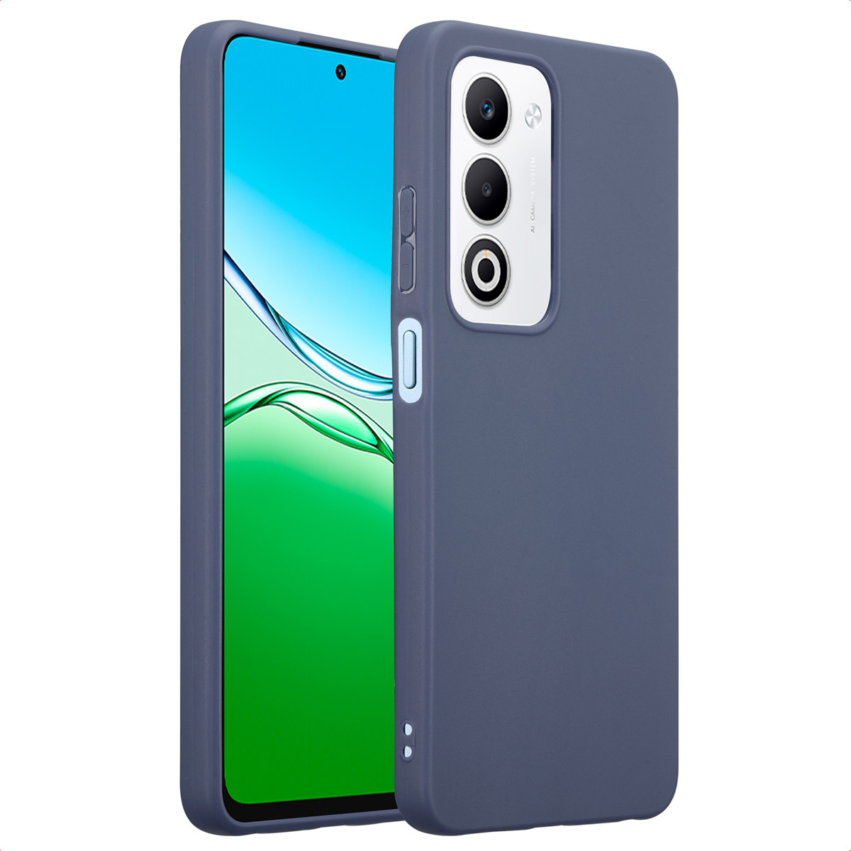 Een smartphone in een blauwe hoes. Het scherm toont een waterontwerp. De hoes heeft cameralenzen en knoppen.