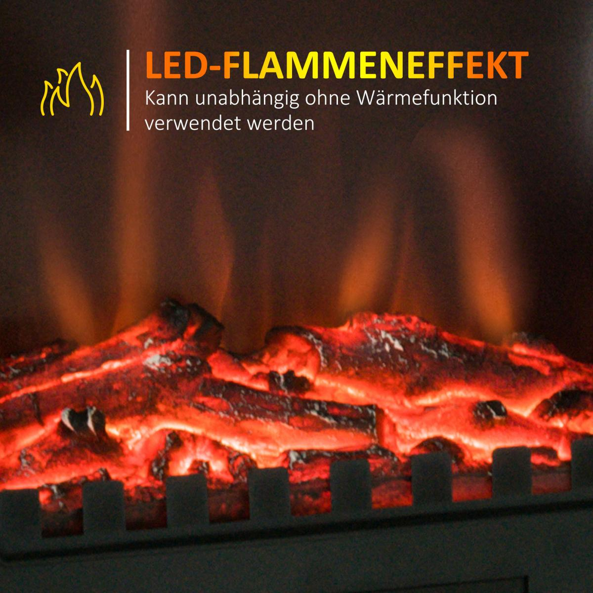 Nahaufnahme eines Kamins mit glühenden roten Holzscheiten. Die Flammen sind orange. Text sagt LED-Flammeneffekt.