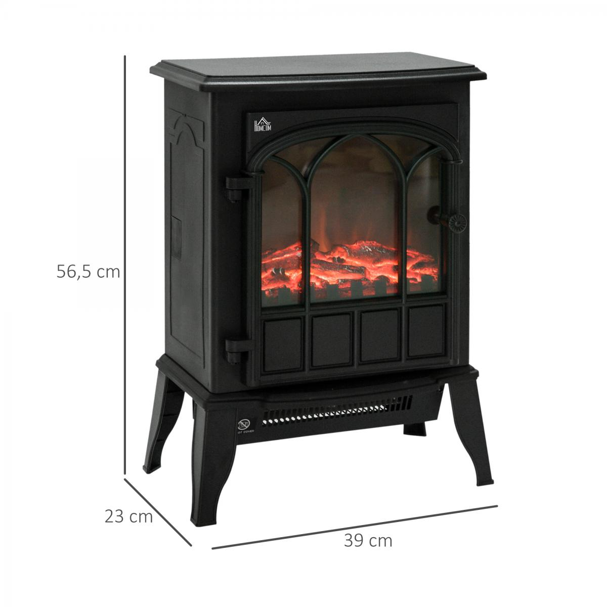 Schwarzer elektrischer Kamin mit den Maßen 56,5 x 23 x 39 cm. Verfügt über einen leuchtenden Feuereffekt hinter Glas.