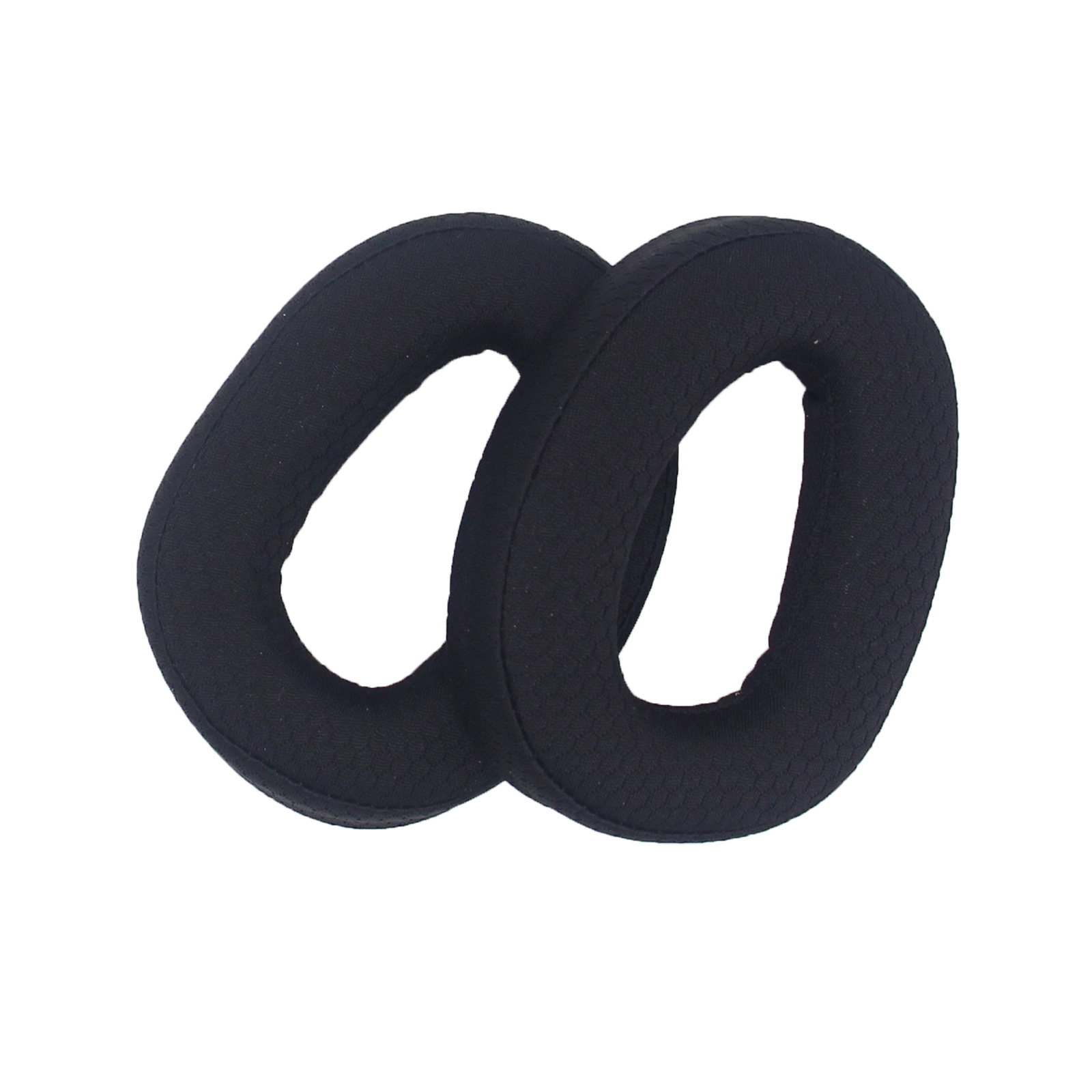 Dwie czarne, owalne nauszniki. Mają teksturowaną powierzchnię i są na białym tle.