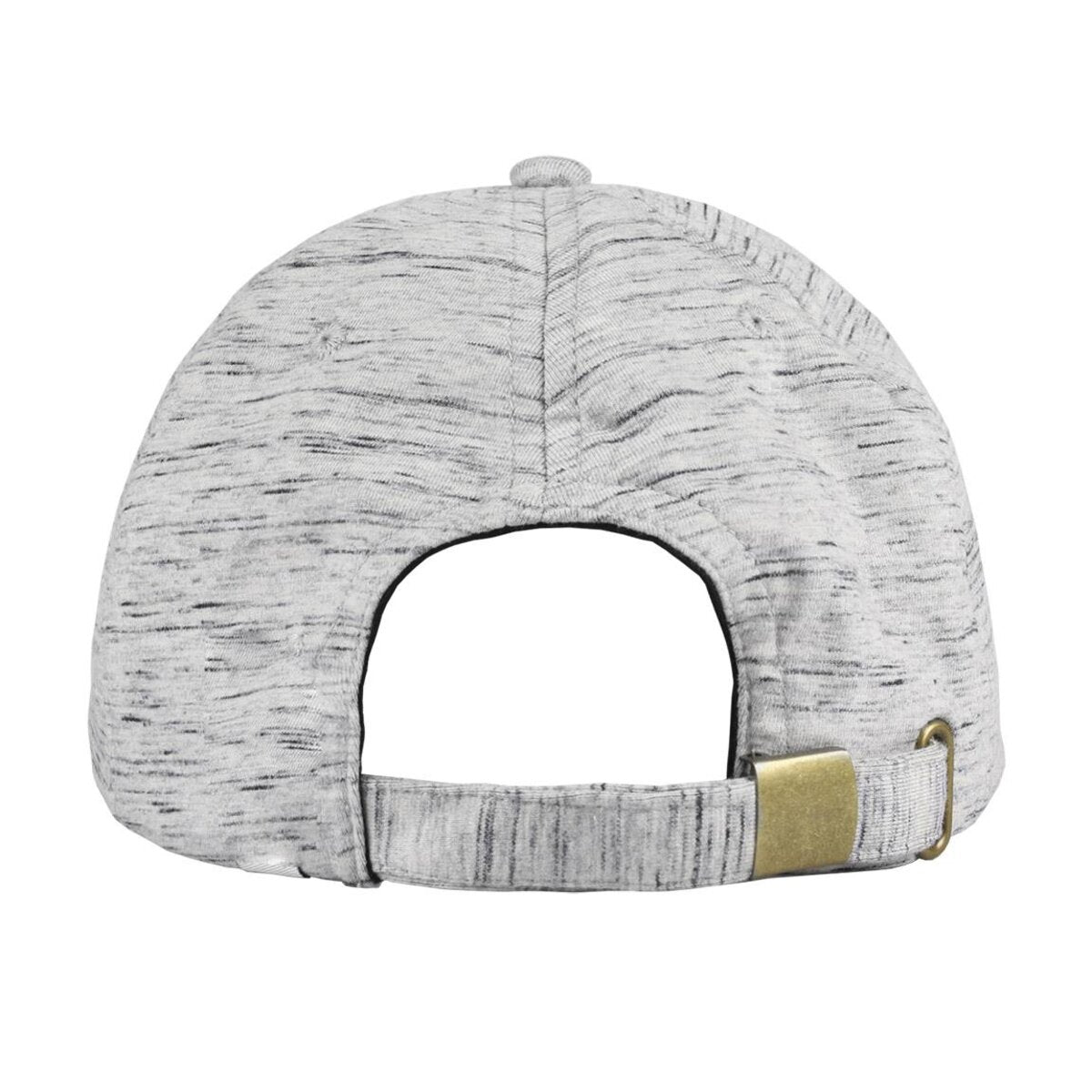 Vista trasera de una gorra de béisbol gris. La gorra tiene una visera curva, una correa con hebilla dorada y un botón pequeño.