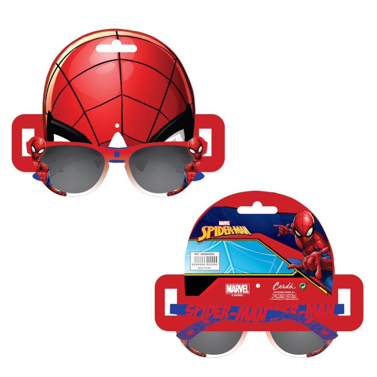Gafas de sol y casco de Spider-Man. Predominan los colores rojo y azul. El embalaje incluye el logotipo de Spider-Man y detalles del producto.