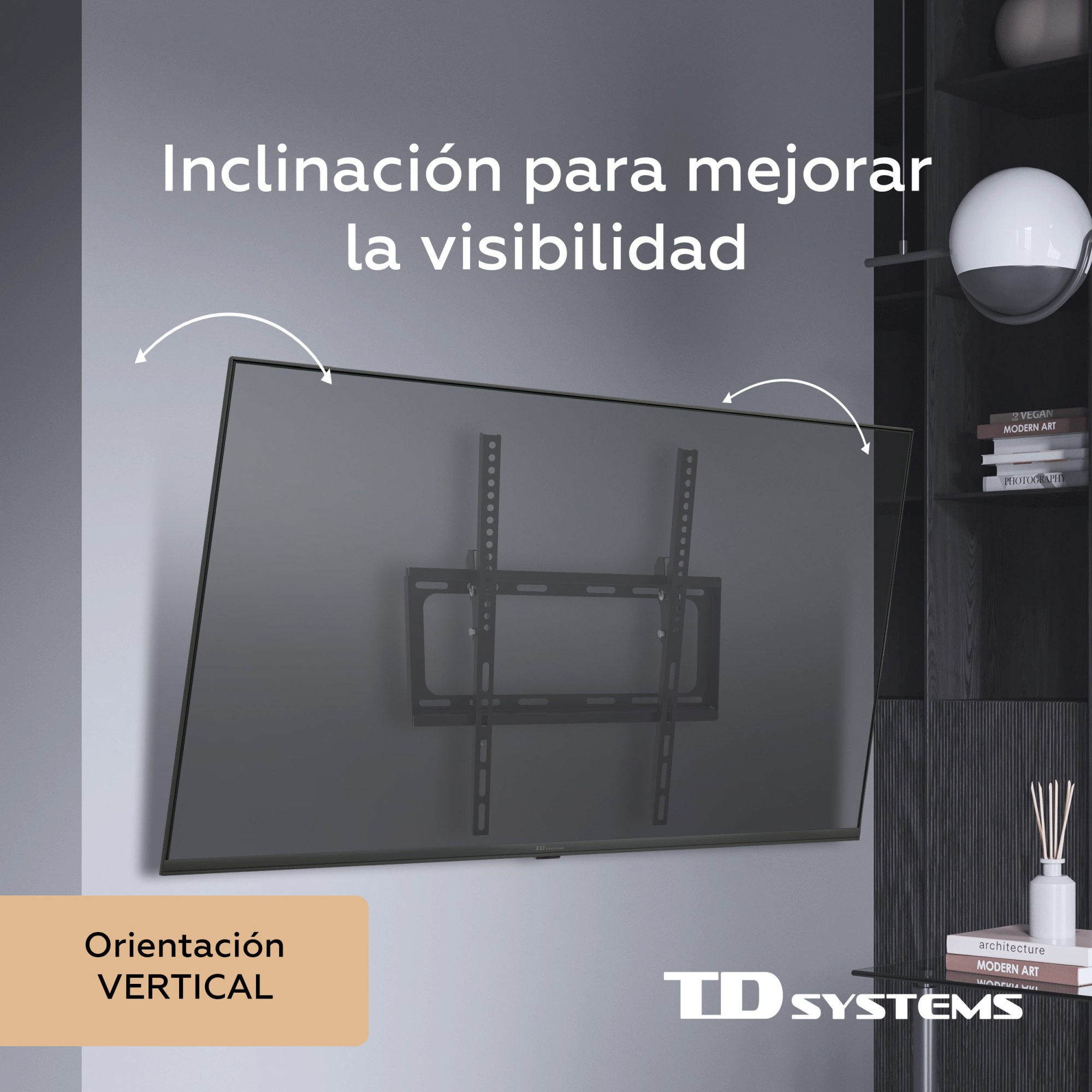Un televisor montado en una pared con un soporte en ángulo. El texto indica orientación vertical y visibilidad mejorada.