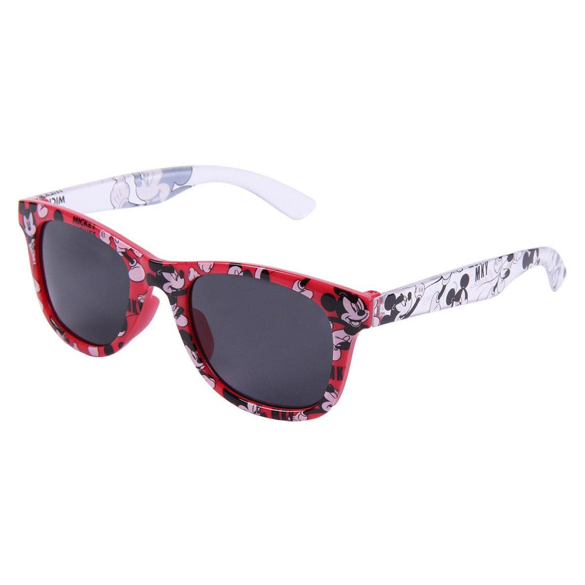 Gafas de sol rojas de Mickey Mouse con lentes negras. Las monturas son rojas con diseños de Mickey Mouse. Las patillas son blancas y grises.