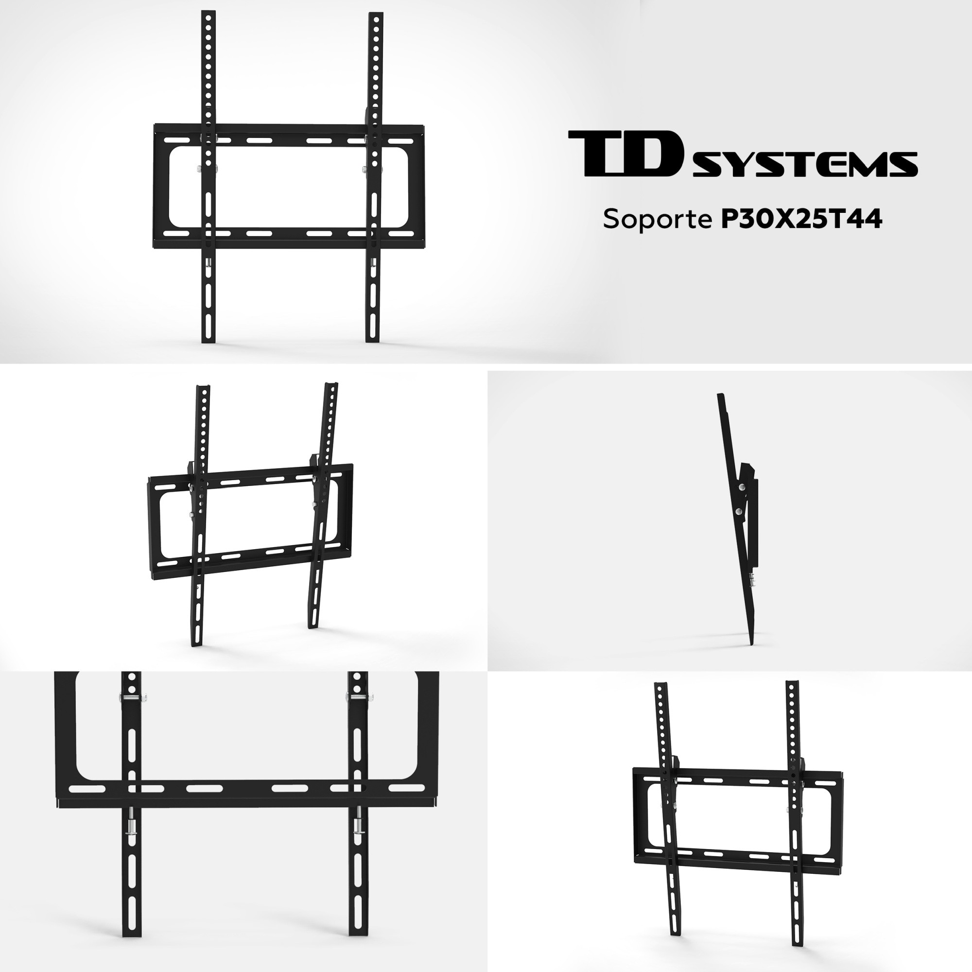 Soporte de pared para TV negro. Múltiples vistas del soporte sobre un fondo blanco. Logotipo de TD SYSTEMS y nombre del modelo visibles.