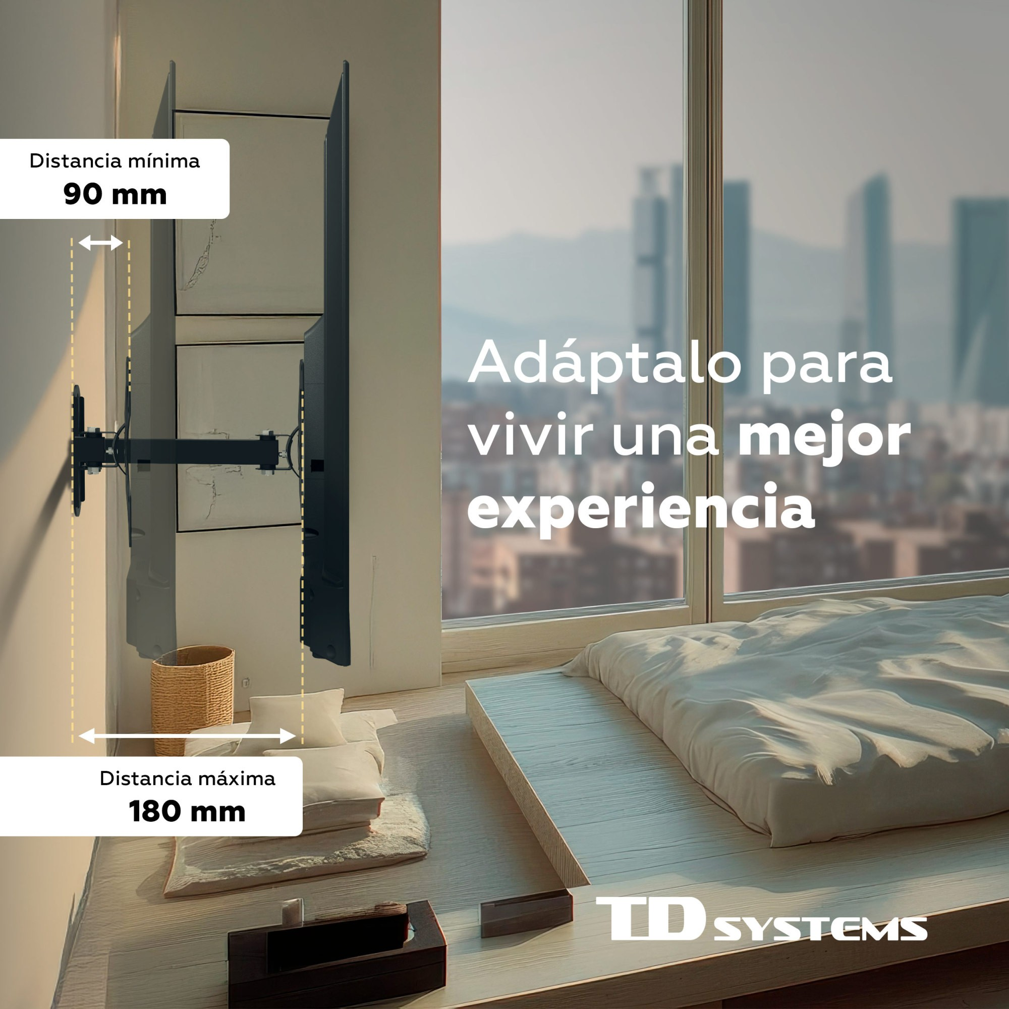 Un televisor montado en la pared, mostrando la distancia mínima y máxima. Una cama está frente a una ventana grande con vista a la ciudad.