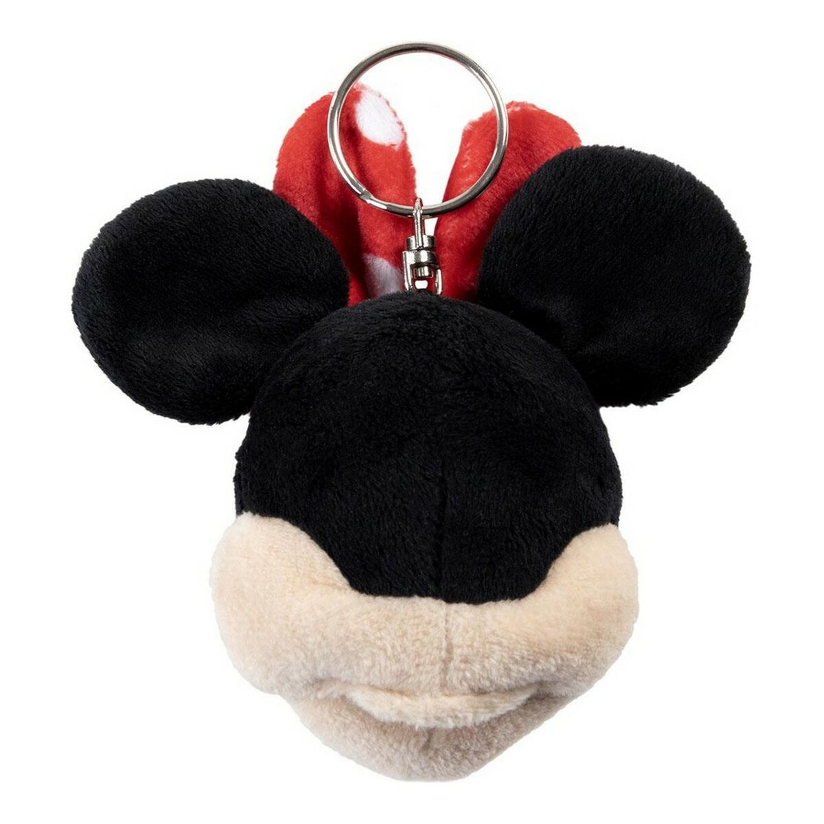 Micky Maus Plüsch-Schlüsselanhänger. Schwarze Ohren, Gesicht und rote Schleife mit Punkten. Silberner Ring befestigt.