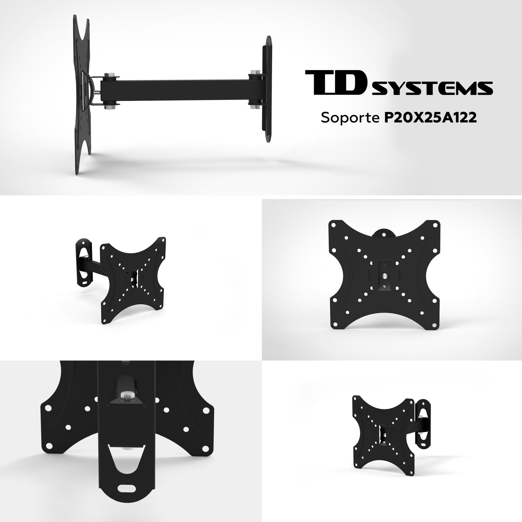 Soporte de pared para TV negro con múltiples vistas. Tiene un soporte, un brazo y una placa de montaje. Logotipo de TD Systems visible.