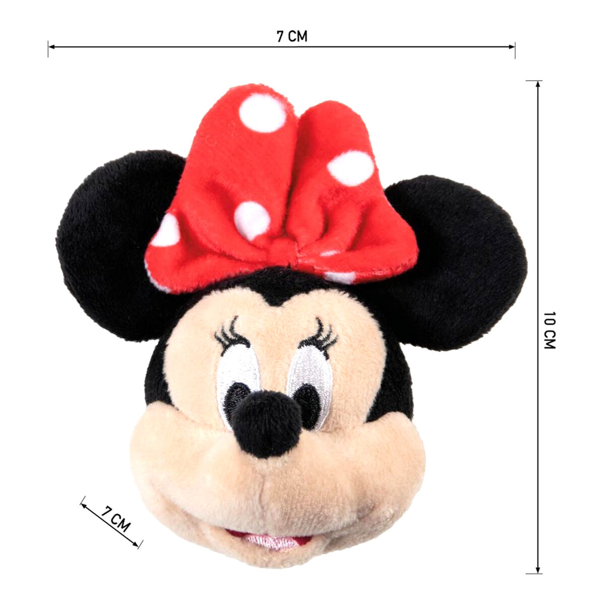 Ein Minnie-Maus-Plüschkopf. Er hat eine rote Schleife mit weißen Punkten, schwarze Ohren und ein beiges Gesicht. Der Hintergrund ist weiß.