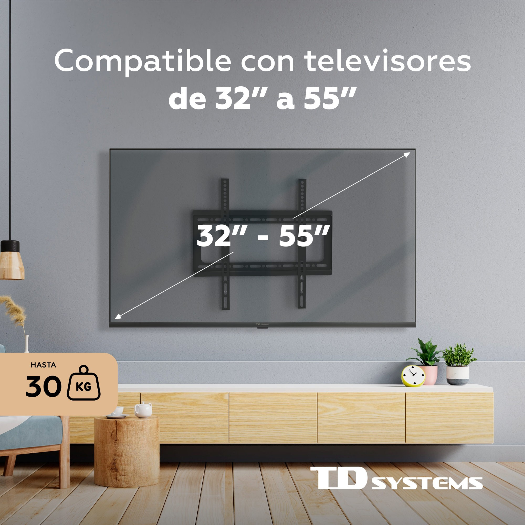 Un televisor está montado en una pared gris, con un texto que dice que es compatible con televisores de 32"-55". Debajo hay un gabinete.