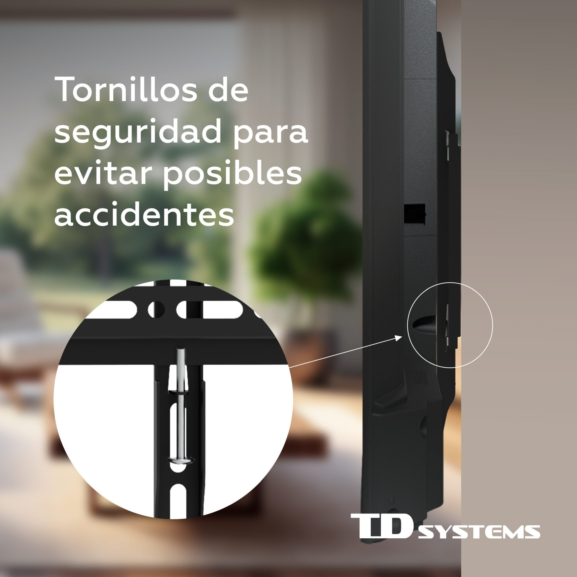 Imagen muestra un primer plano de un soporte de TV con texto en español y una vista detallada de los tornillos de seguridad.
